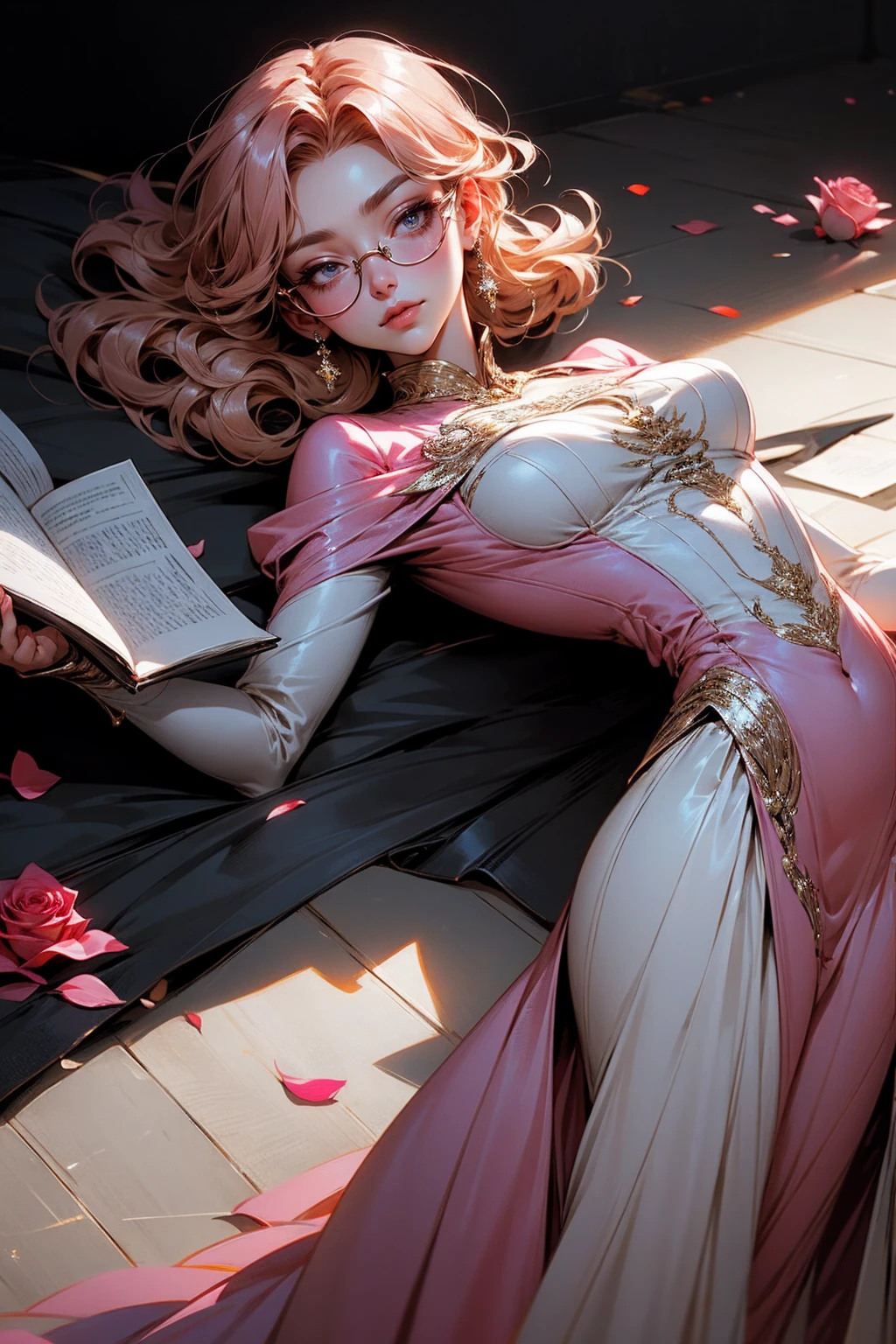 Anime girl tuxedo with curly rose gold hair and round gold glasses, rose gold eyes. Guviz style art, attractive detailed art style, Charlie Bowater Style, 1 7 - year - old cute anime girl, detailed manga style, detailed anime character art, germ of art. High detail, stunning manga art style. Rose dress. (pink dress) . Wearing rose gold Victorian clothing. Dancing, walking, drinking, reading, writing, lying, standing, on your back, dynamic poses, smile, closed mouth. Different Pose.