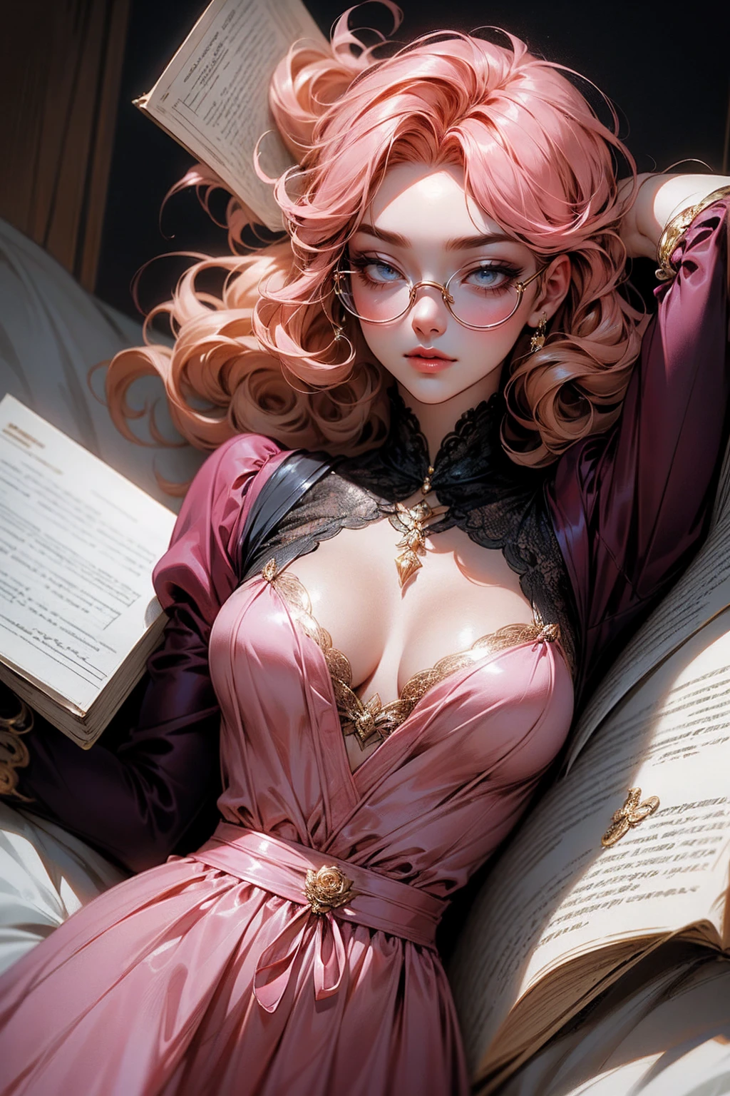 Anime girl tuxedo with curly rose gold hair and round gold glasses, rose gold eyes. Guviz style art, attractive detailed art style, Charlie Bowater Style, 1 7 - year - old cute anime girl, detailed manga style, detailed anime character art, germ of art. High detail, stunning manga art style. Rose dress. (pink dress) . Wearing rose gold Victorian clothing. Dancing, walking, drinking, reading, writing, lying, standing, on your back, dynamic poses, smile, closed mouth. Different Pose.