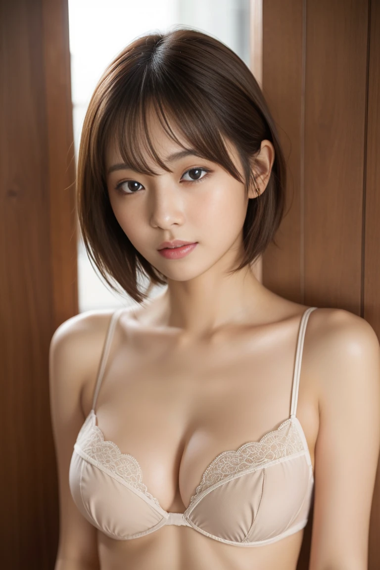 High resolution、japanese woman、panty shot、beautiful skin、beautiful and detailed eyes、detailed face、slim、moderately、short hair、brunette colored hair、big breasts