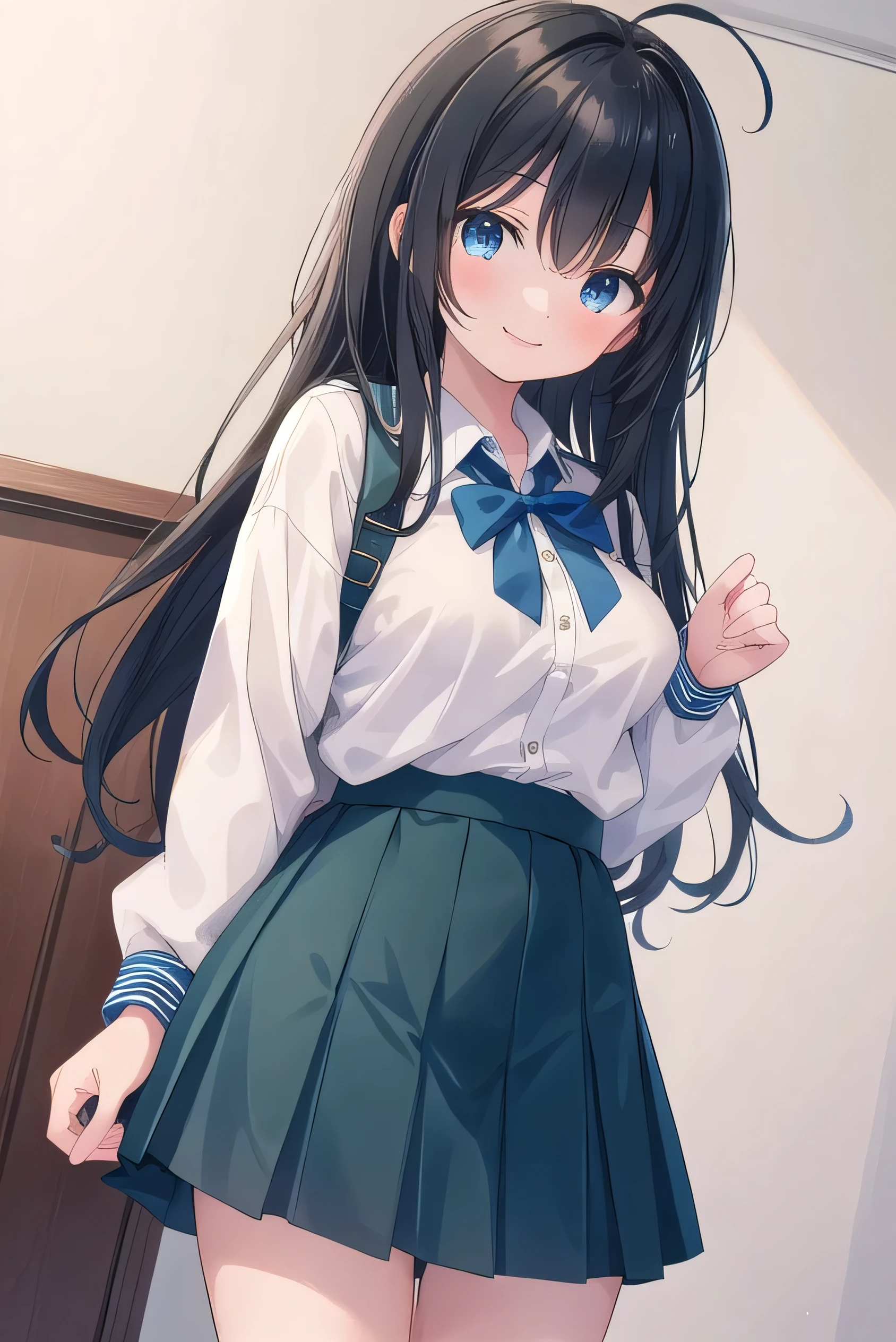  high schoolooks like an elementary school st short, 140cm tall, black hlight green tinge, short ahoge, beautiful long hair but with a little hair sticking out, beautiful round eyes, blue eyes, smile, boyish, long sleeves , thick clothes, skirt, big breasts, hair longer than waist, long hair, young face, dark greenish black hair, gentle smile, a little shy, skirt is black, hair is black but has a slight green tinge, boyish and gentle smile I have.