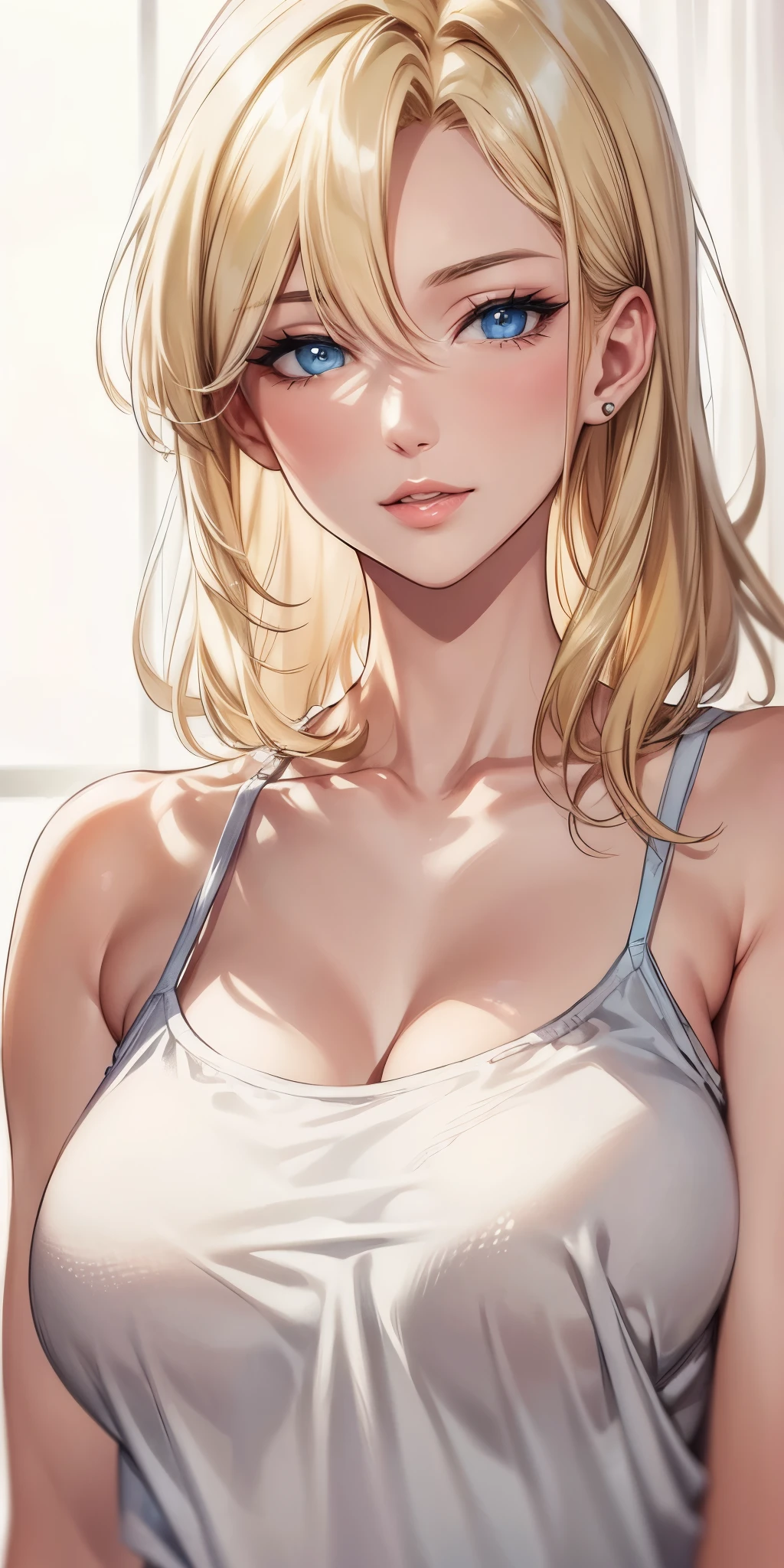 portrait, realistic, blue eyes, blonde hair, big breast, 4k resolution, high quality cg, beautiful cg, soft light, 