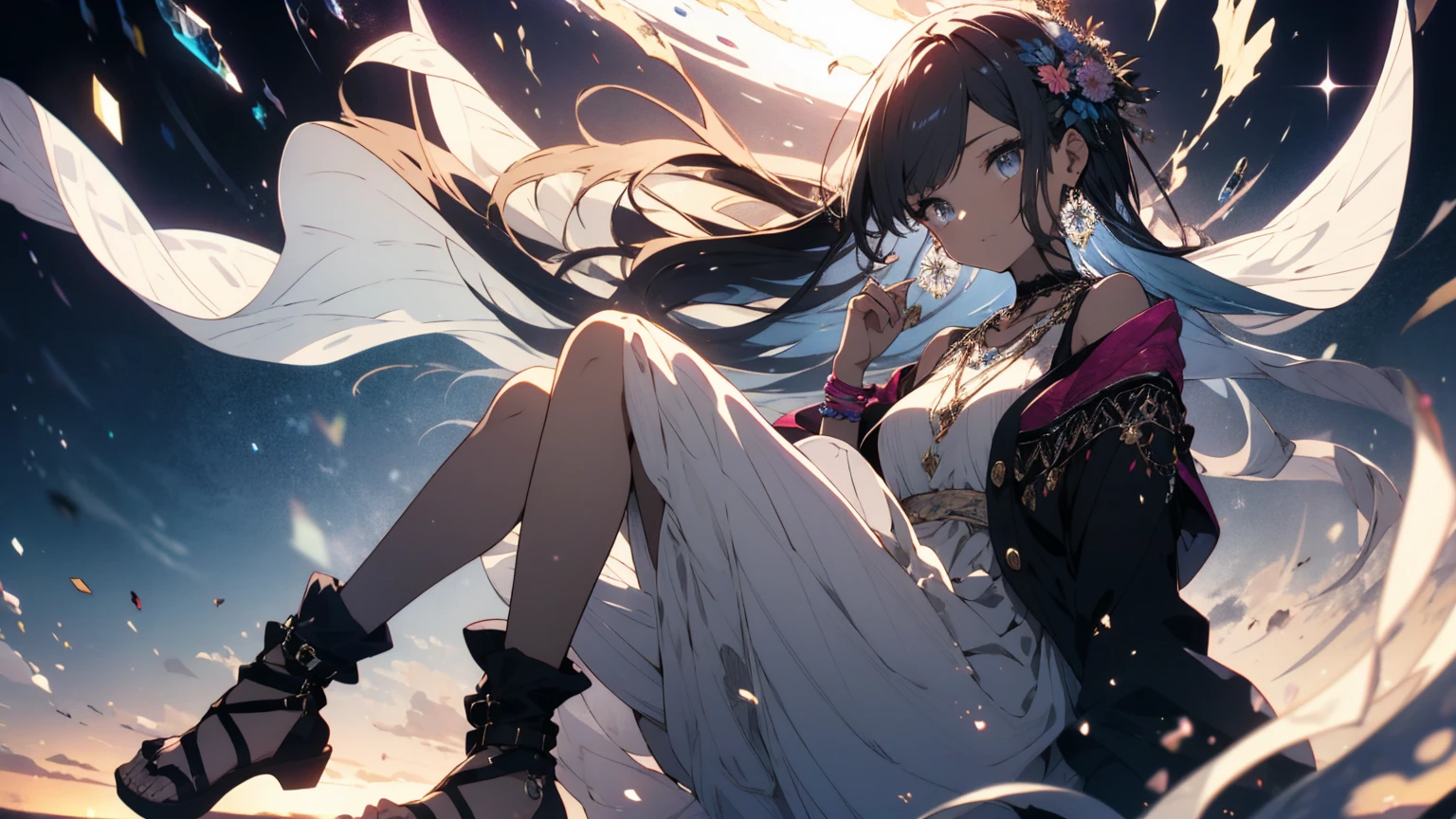 (highest quality、masterpiece、High resolution、be familiar with)、(shining eyes、be familiar with美しい顔)、1girl,
BREAK
//Fashions
Celestial Blossom Urban Boho,
This costume blends the ethereal beauty of flower cosmos with the free-spirited vibes of urban bohemian fashion, Start with a flowy maxi dress in a celestial-inspired print, featuring cosmic florals in vibrant hues against a dark background, Layer the dress with a cozy knit cardigan or a denim jacket for added warmth and texture,
BREAK
Accessorize with eclectic jewelry such as layered necklaces, beaded bracelets, and oversized hoop earrings, adding a touch of bohemian charm to the ensemble, Complete the look with ankle boots or strappy sandals and a floppy hat adorned with celestial accents, Let your hair flow naturally or style it in loose waves, and opt for soft, earthy makeup with a hint of shimmer to capture the essence of celestial blossoms in modern street fashion,
BREAK(beautiful anime)