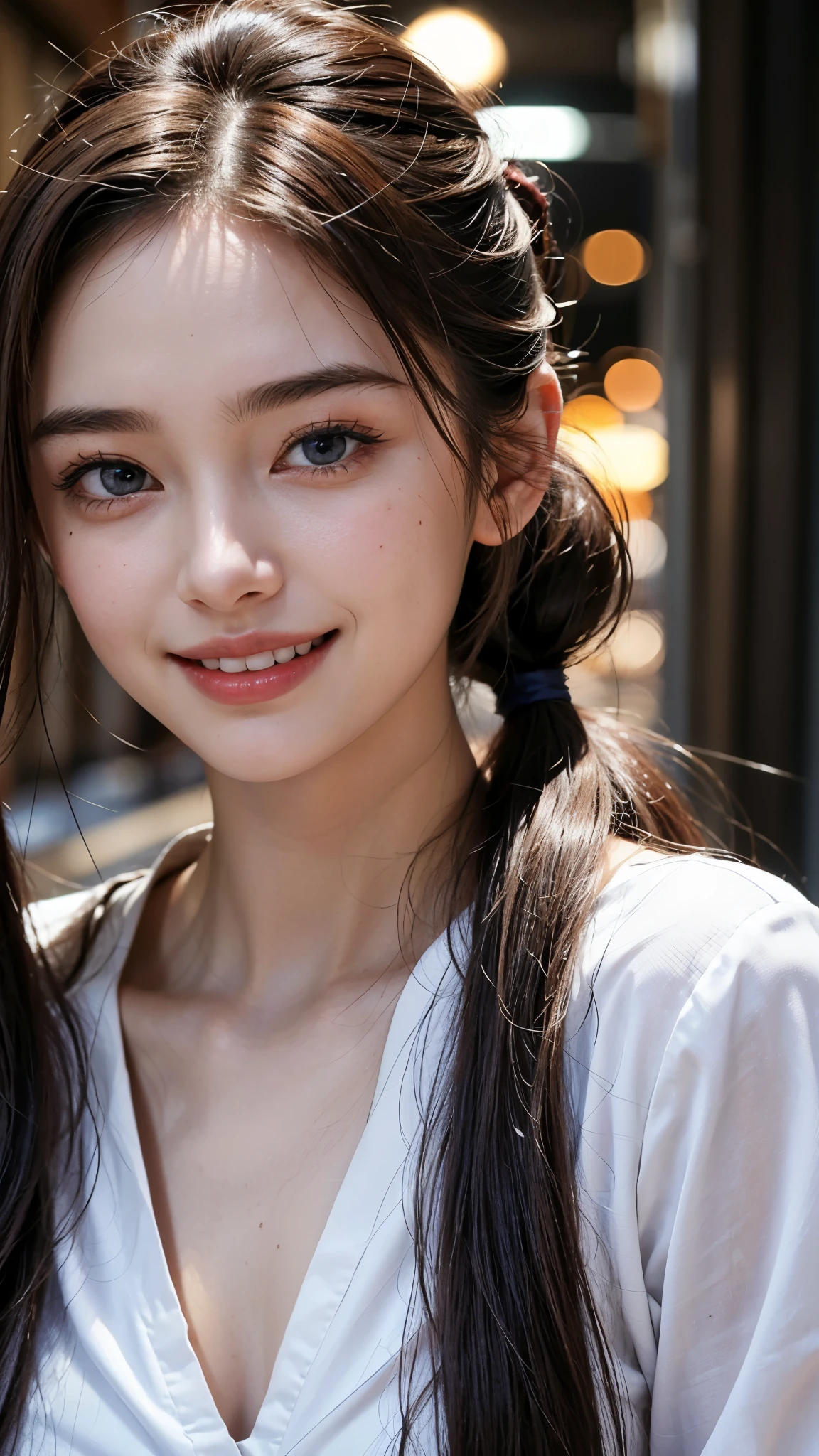cute 20 year old,1 girl,slim face ,8K,Super realistic image quality,dynamic shadow,sparkling eyes,((clear black eyes)),((bright smile)),logic,clear pale blue eyes,movie theater lighting,((dark back alley)),((city lights)),night,Darkness of the city,suit, ((face close up:1.4)),((A smile showing white teeth)),((Open mouth and smile happily)),((Chestnut ponytail and scrunchie)),close, 8K, Raw photo, highest quality, masterpiece,realistic, photo-realistic,