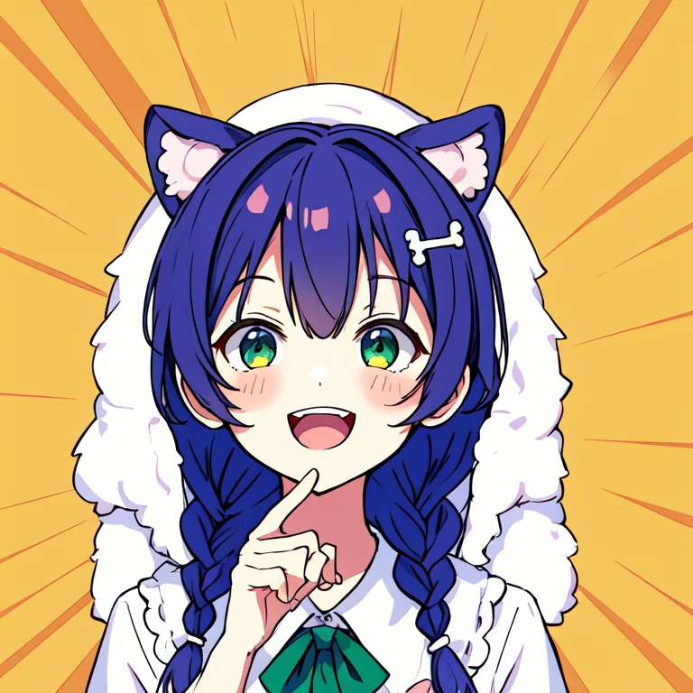 masterpiece, Best quality, absurdity,
Colonel, 1 girl, One, in room, :3, smile, dog girl, dog ears, double braids, sidelocks, hair ornament, open mouth, 
(blue hair, green eyes), close-up, detailed face, detailed eyes, portrait