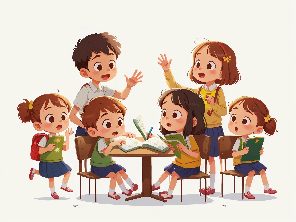 illustration, masterpiece, best quality, School teacher with several students (girls and boys)
sitting side by side, Sitting side by side on the bench,
Behind them some students are standing and waving,They wave at us, in , from opposite, Happy, full body, in the style of childreb book charecter, charecter sheet, white background, adjective + object, character sheet, children book character, white background, white background, looking at viewer,