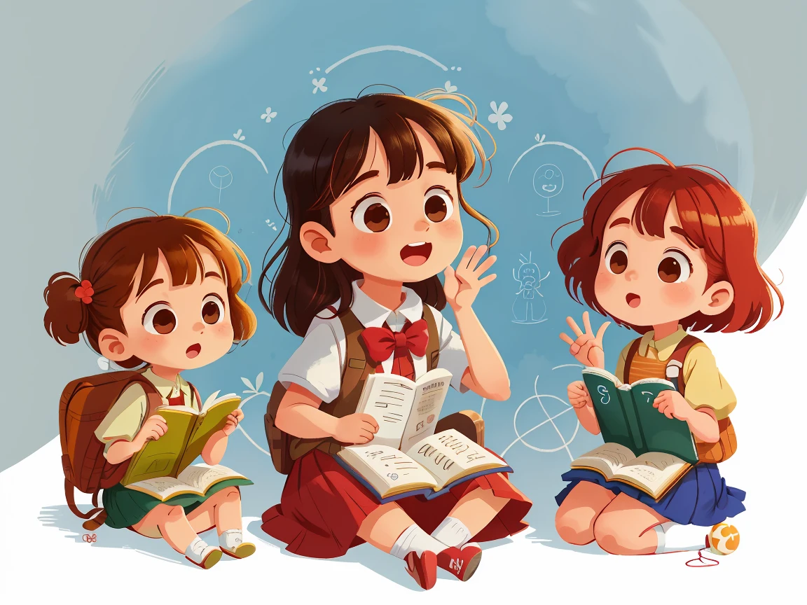 illustration, masterpiece, best quality, School teacher with several students (girls and boys)
sitting side by side,  Sitting side by side on the bench,
Behind them some students are standing and waving,They wave at us, in , from opposite, Happy, full body, in the style of childreb book charecter, charecter sheet, white background, adjective + object, character sheet, children book character, white background, white background, looking at viewer,