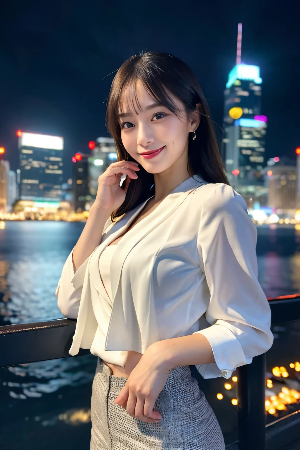 raw photo),(best quality), (photorealistic),(simple white background:1.2), ,,a girl, upper body, high detail face, smile, High-waisted pants paired with a silk blouse and structured blazer, create a polished and powerful look, a scene of Victoria Harbour in Hong Kong at night,sparkling reflections dancing on the water,glittering skyscrapers along both sides of the harbor,twinkling lights dotting the city skyline,colorful laser beams shooting across the sky,(best quality,4k,8k,highres,masterpiece:1.2),ultra-detailed,realistic:1.37) soft shadows and highlights,impressive depth of field and sharp focus,HDR,UHD,studio lighting,physically-based rendering,vivid colors,lively atmosphere,bokeh information