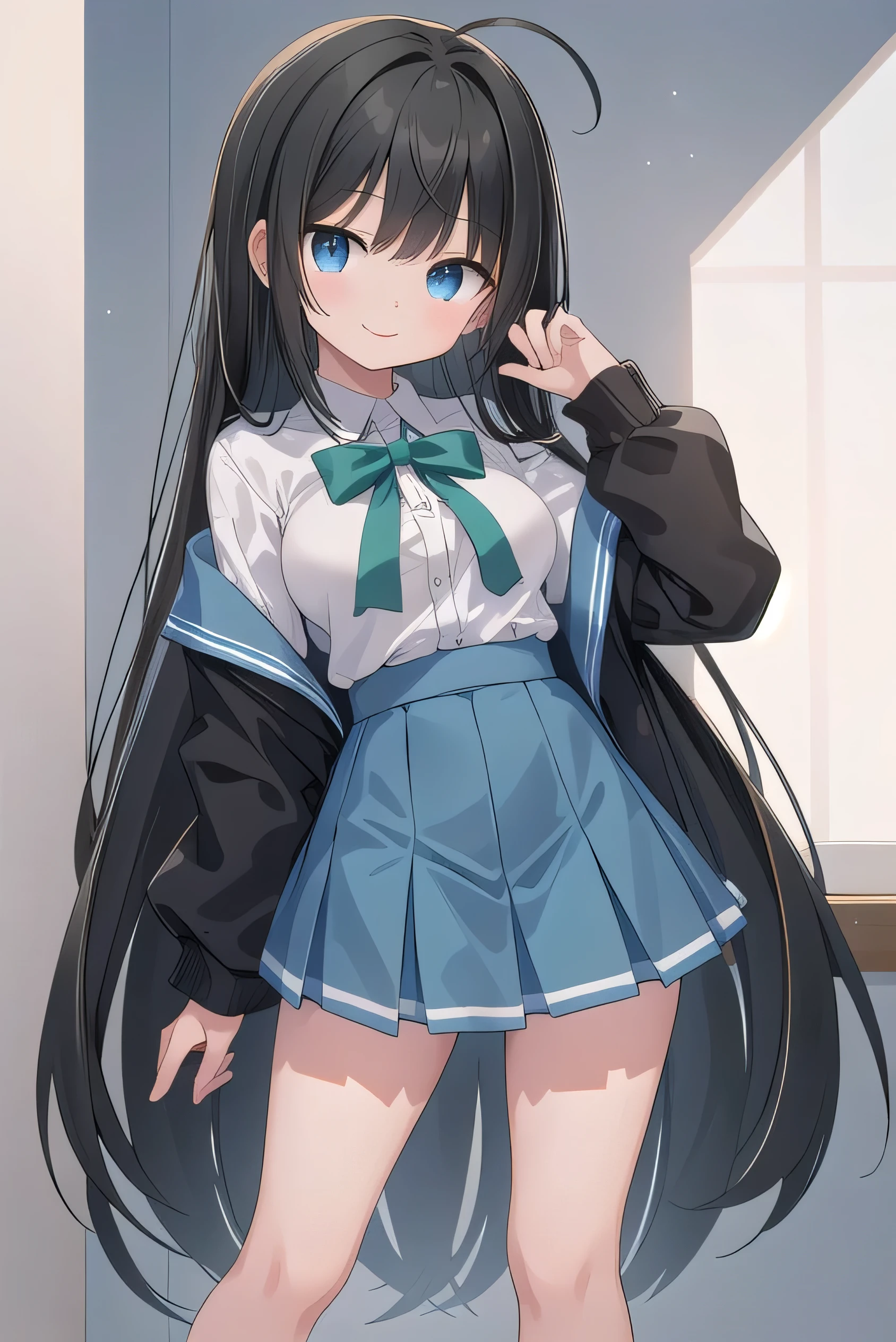 Junior high school student who looks like an elementary school student, 14 years old, very short, 140cm tall, black hair with a slight green tinge, short ahoge, beautiful long hair but with a little hair sticking out, beautiful round eyes, blue eyes, smile, boyish, long sleeves , thick clothes, skirt, big breasts, hair longer than waist, long hair, young face, dark greenish black hair, gentle smile, a little shy, skirt is black, hair is black but has a slight green tinge, boyish and gentle smile I have.