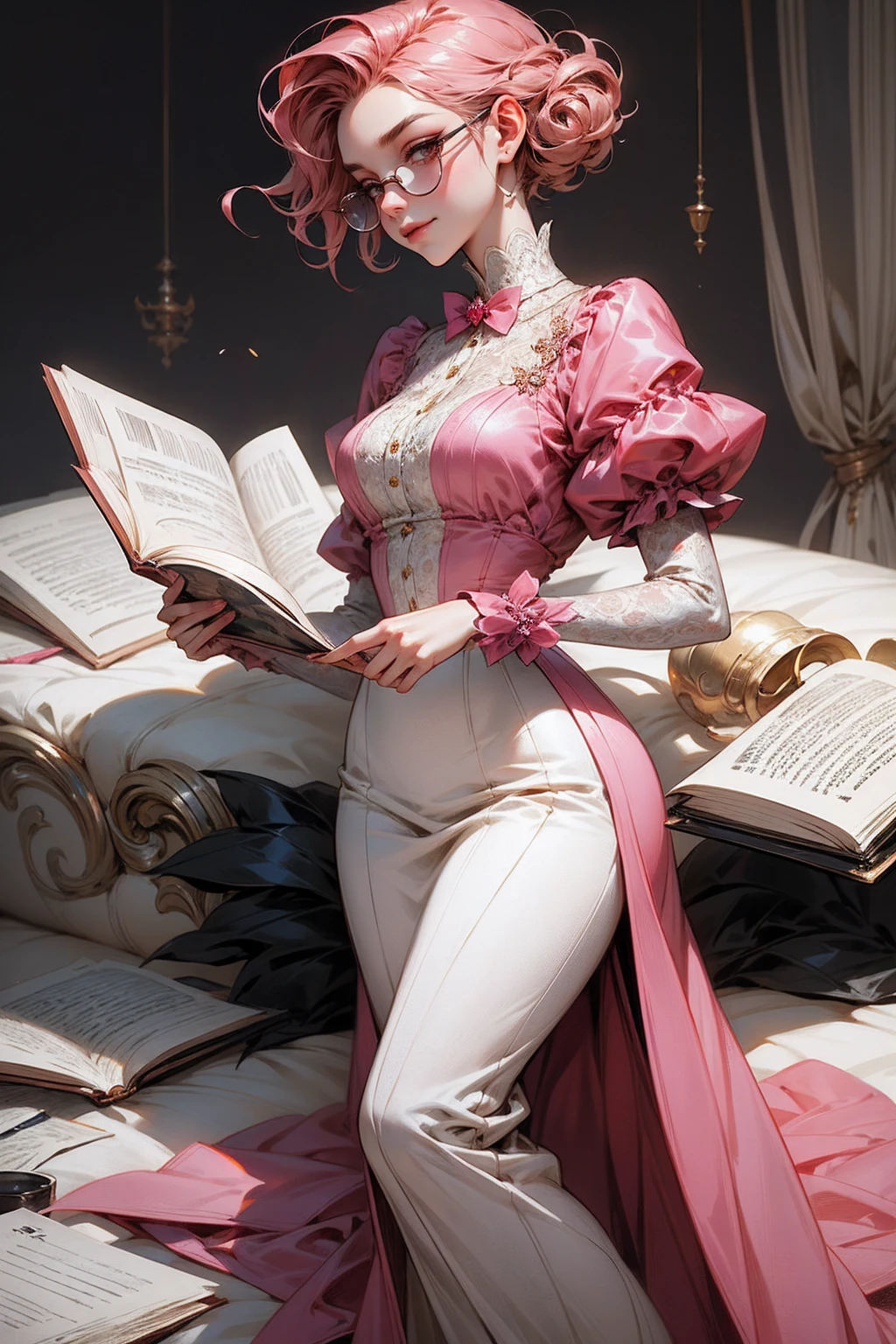 Anime girl tuxedo with curly rose gold hair and round gold glasses, rose gold eyes. Guviz style art, attractive detailed art style, Charlie Bowater Style, 1 7 - year - old cute anime girl, detailed manga style, detailed anime character art, germ of art. High detail, stunning manga art style. Rose dress. (pink dress) . Wearing rose gold Victorian clothing. Dancing, walking, drinking, reading, writing, lying, standing, on your back, dynamic poses, smile, closed mouth. Different Pose.
