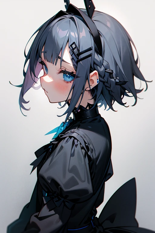 short gray hair, blush, Gothic Lolita、punk fashion、Headbang 2.、Blue and black clothes、Braid、2 hair clips