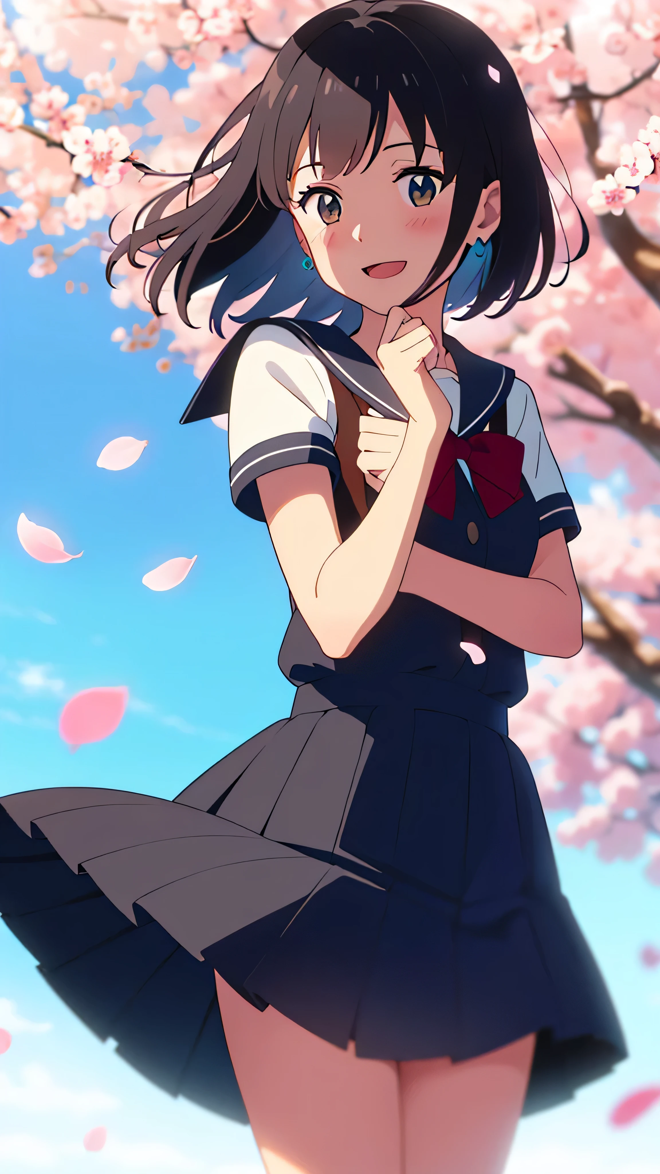 shinkai makoto, kimi no na wa., 1girl, bangs, black hair, blush, brown eyes, shiny skin, red headband, red bow, red ribbon, turquoise sailor collar, turquoise sailor color, turquoise skirt, plaid skirt, short hair, smile, cute, solo, happy, open mouth, :D. beautiful, looking at the viewer, short sleeves, earrings, cherry_blossoms, falling_petals, petals, branch, pink_flower, blue_sky, sunlight, spring_season, wind, tree