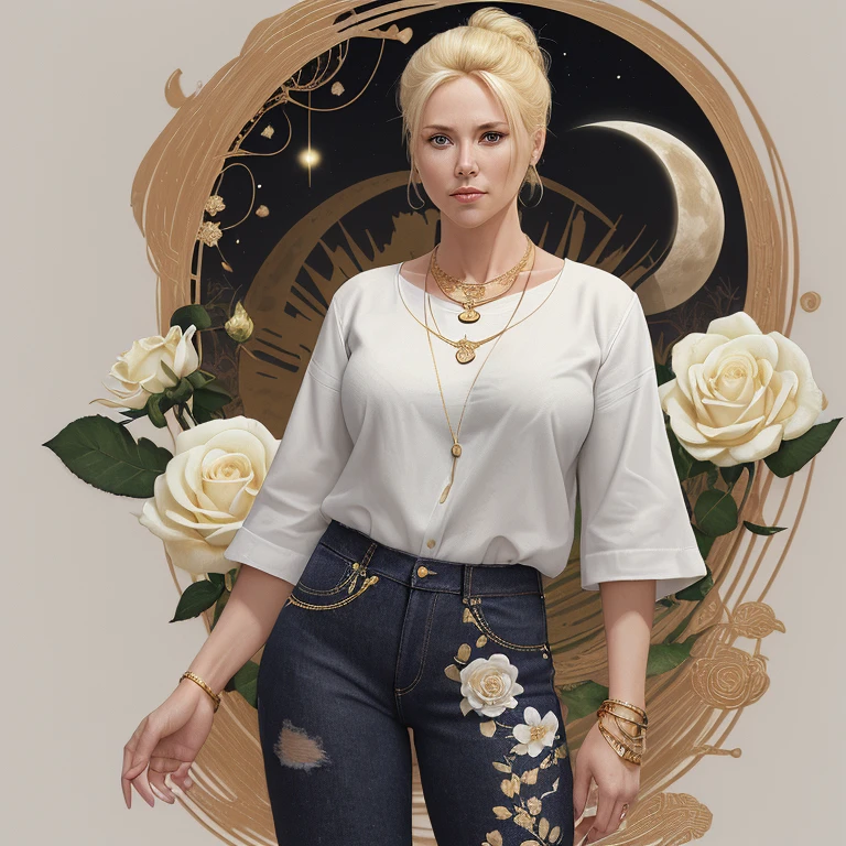 A 40-year-old woman with blonde hair up in a white habit with a rose print, a gold sun belt, black denim pants, a moon necklace, flower bracelets, looking straight at the viewer, holding a flower, a forest background with fog.