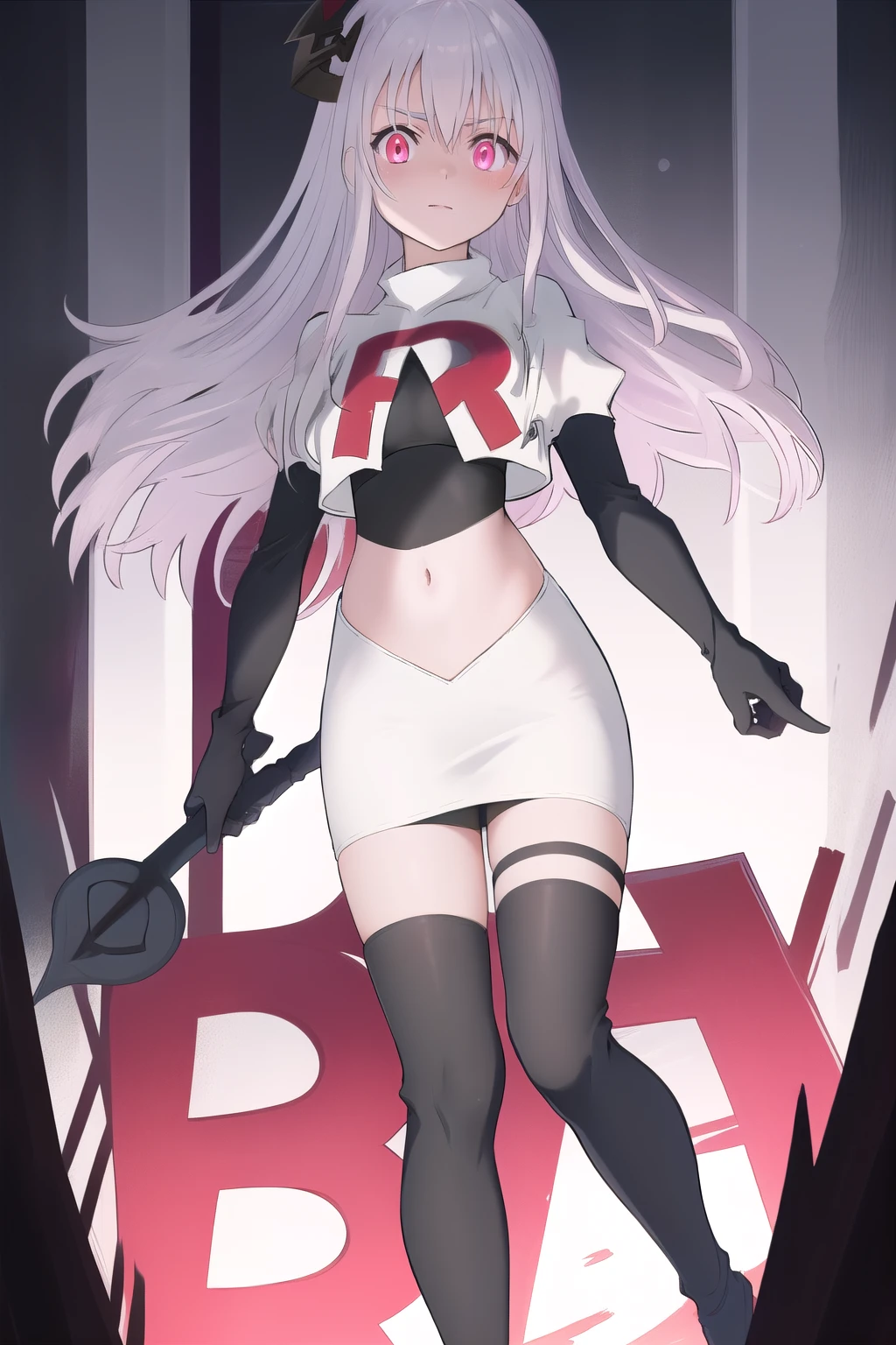 masterpiece, best quality, demon_kisara, glowing eyes, team rocket,team rocket uniform,white skirt,red letter R,crop top,black thigh-highs,black elbow gloves
