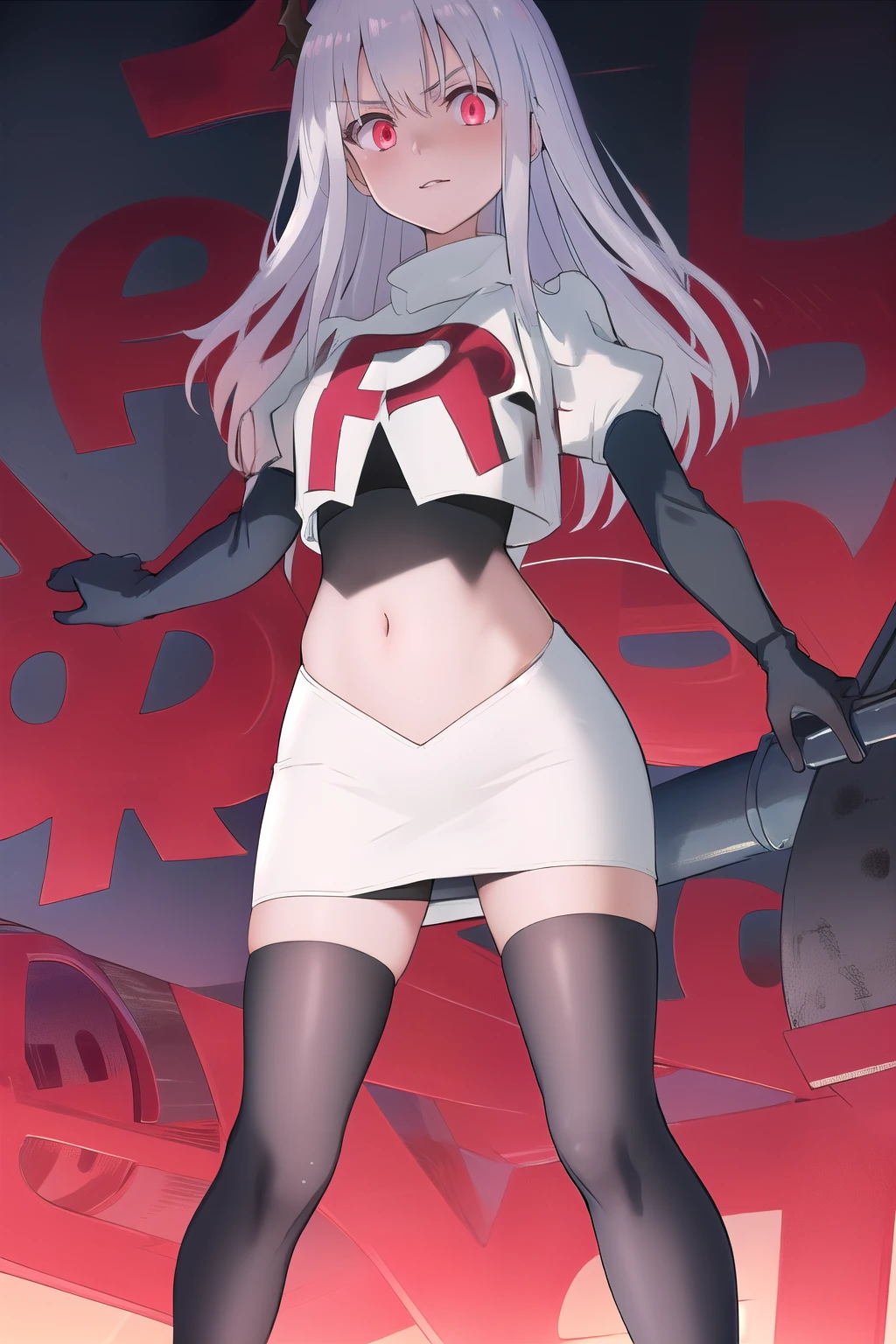 masterpiece, best quality, demon_kisara, glowing eyes, team rocket,team rocket uniform,white skirt,red letter R,crop top,black thigh-highs,black elbow gloves