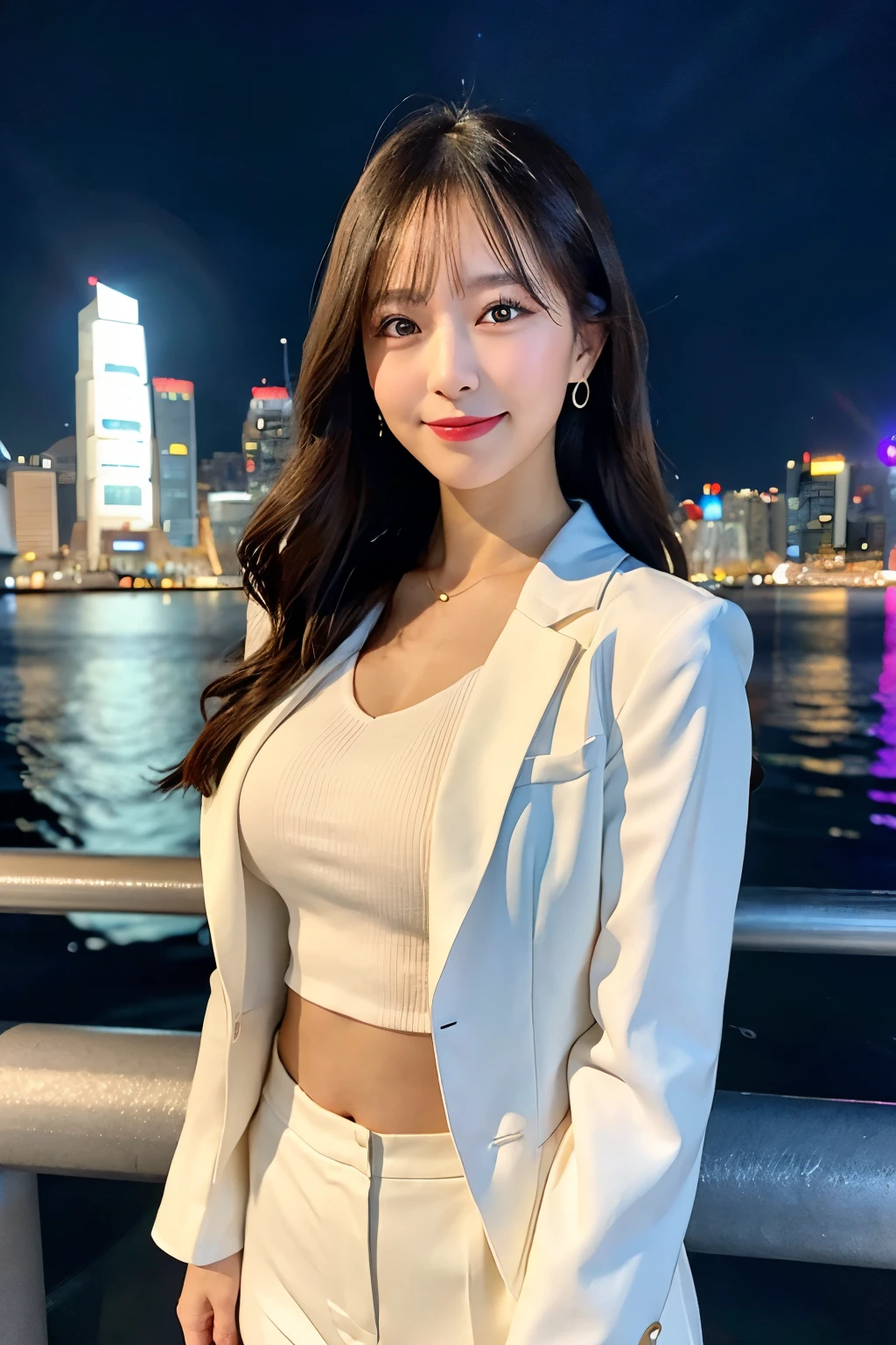 raw photo),(best quality), (photorealistic),(simple white background:1.2), ,,a girl, upper body, high detail face, smile, High-waisted pants paired with a silk blouse and structured blazer, create a polished and powerful look, a scene of Victoria Harbour in Hong Kong at night,sparkling reflections dancing on the water,glittering skyscrapers along both sides of the harbor,twinkling lights dotting the city skyline,colorful laser beams shooting across the sky,(best quality,4k,8k,highres,masterpiece:1.2),ultra-detailed,realistic:1.37) soft shadows and highlights,impressive depth of field and sharp focus,HDR,UHD,studio lighting,physically-based rendering,vivid colors,lively atmosphere,bokeh information