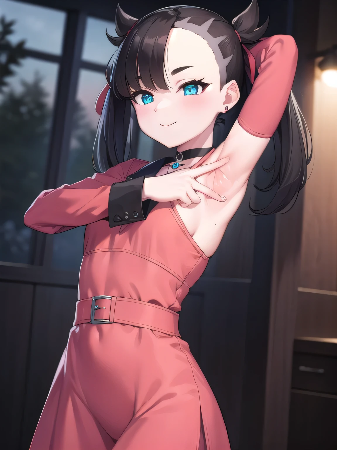 pokemonmarnie, aqua eyes, asymmetrical bangs, asymmetrical hair, black hair, hair ribbon, long hair, red ribbon, ribbon, twintails, (small breasts:1.2),
black choker, black jacket, choker, dress, earrings, jacket, jewelry, long sleeves, open clothes, pink bag, pink dress,
 ako suminoe, ascot, solo, upper body, night sky, forest, arms behind head, contrapposto, spread armpits, smile
BREAK (masterpiece:1.2), best quality, high resolution, unity 8k wallpaper, (illustration:0.8), (beautiful detailed eyes:1.6), extremely detailed face, perfect lighting, extremely detailed CG, (perfect hands, perfect anatomy),