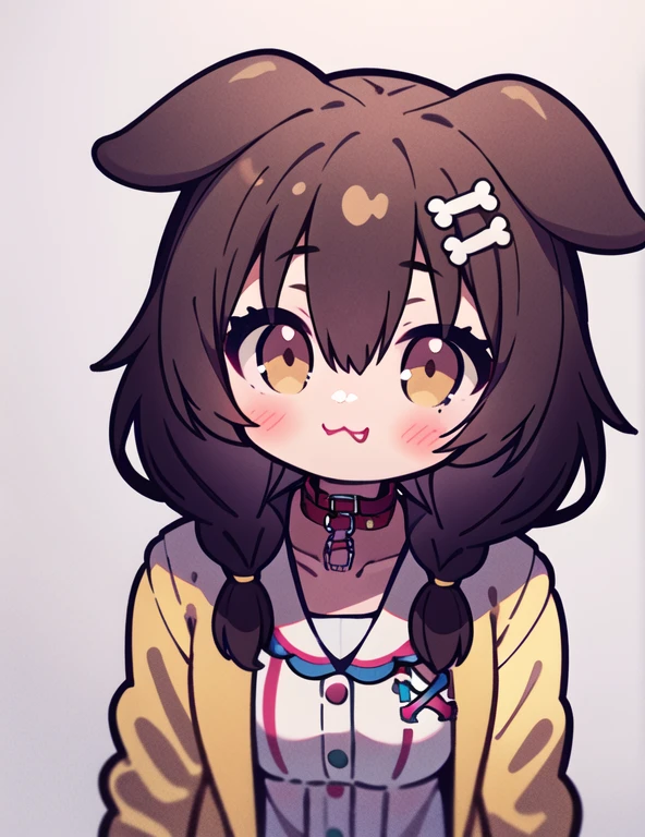 1 girl, One, whole body, simple background, Coronedefault, yellow jacket, White dress, from the shoulder, animal collar, low double braids, bone hair decoration, dog tail, dog ears, :\3