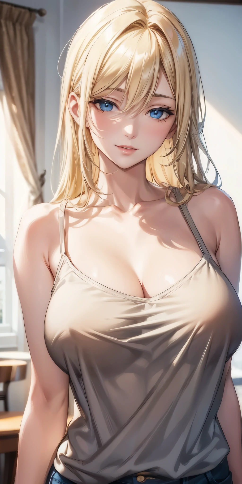 portrait, realistic, blue eyes, blonde hair, big breast, 4k resolution, high quality cg, beautiful cg, soft light, 