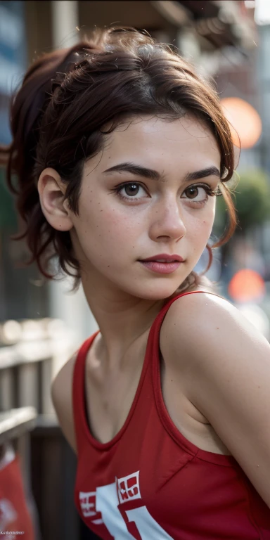 Photo of a 15-year-old European girl, .RAW, beautiful woman, (Light brown hair with ponytail hairstyle ), peinado de cola de caballo ((retrato)), ((Cara detallada:1.2)), ((Detailed facial features)), (Piel finamente detallada), uniforme de basquetbol color rojo , banda roja y blanca al rededor de la cabeza, calzado deportivo  con pecas en mejillas y pecho ,parque, Noria de Londres、ropa reveladora , erotic clothes、senos grandes , pechos grandes , gran sonrisa (cool color), humid, humid, Reflectores, (Masutepiece) (proporciones perfectas)(fotos realistas)(La mejor calidad) (Detallado) fotografiado con una EOS R5 de Canon, Lente de 50 mm, f/2.8, NffSW, (8k) (papel tapiz) (cinematic lighting) (Dramatic lighting) (sharp focus) (Enrevesado) ,  cuerpo completo, hermoso cuerpo de mujer , pose de juego