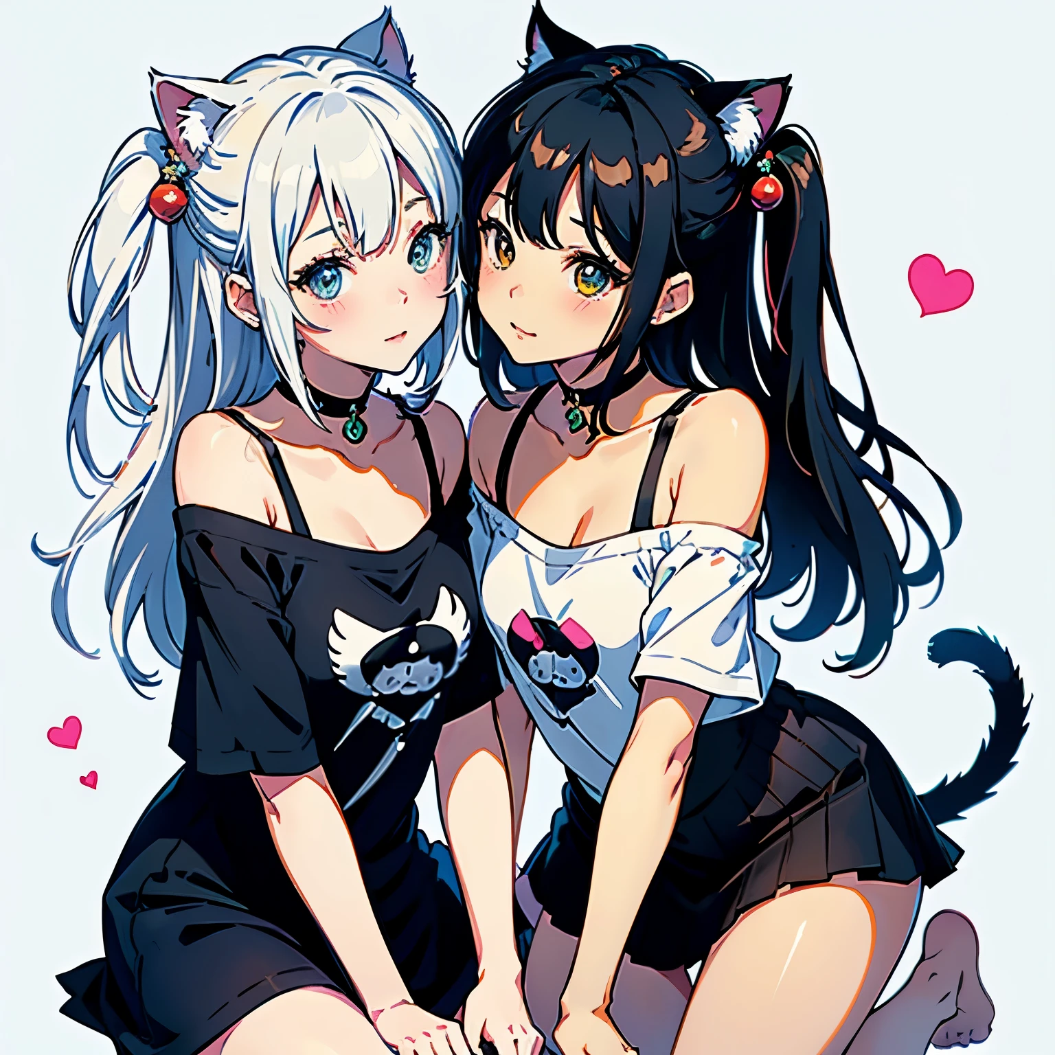 (highest quality, masterpiece, High resolution)、(anime art)、,cinematic light、soft light、two girls、several girls、black hair、Black Cat Costume、White Cat Costume、Tabby cat costume、Striped cat costume、Persian Cat Costume、3-color cat costume、(loose t-shirt)、loose shirt、off shoulder、sexy mini dress、Cat ear、bob cut、semi-long、bun hair、hair ornaments、choker、Cute face detailed、enchanting smile、small breasts、whole body、(cat pose)、beckoning、playing、(Kissing each other's noses)、dance、busy、Cat jarashi、Crackers bursting、Party Decoration、((white background))、