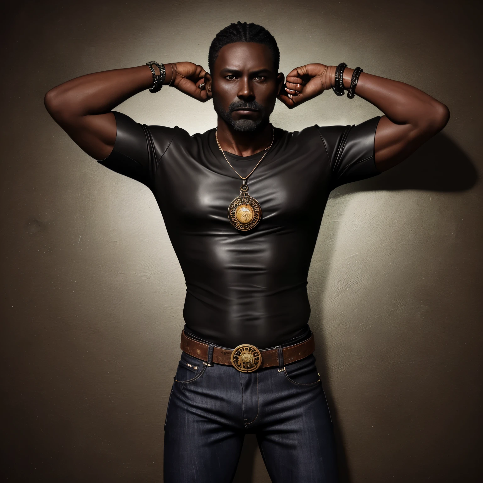 40-year-old man dark skin hunter shirt brown leather black shirt muscular complexion slim voodoo medallion black jeans snake bracelet looking straight at the viewer background of New Orleans at night 