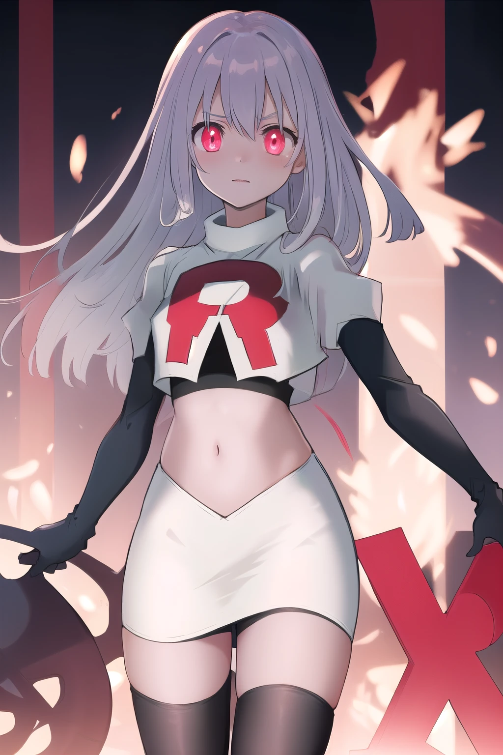 masterpiece, best quality, demon_kisara, glowing eyes, team rocket,team rocket uniform,white skirt,red letter R,crop top,black thigh-highs,black elbow gloves
