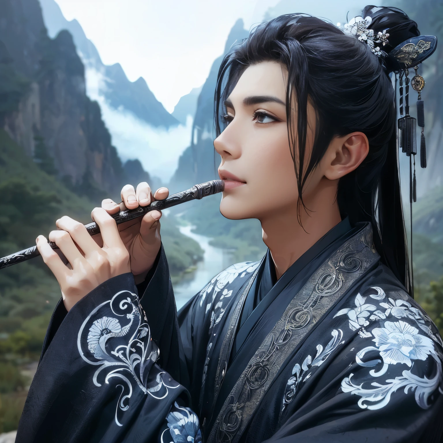 (Best Quality:1.2), (high resolution:1.2), (beautiful face and eye:1.2), (sharpest focus:1.2), (Ultra-realistic Photo:1.2), (Ultra-precise Photo:1.2), (Depth of field:1.2), (8k high resolution:1.2), (perfect anatomy:1.2), (nice hands:1.5),
(perfect hands:1.5), (Very young and masculine and dignified and beautiful Chinese male:1.5), (Beautiful nobleman:1.0), (A beautiful nobleman:1.0), (A shiny black hermit-like garment with fancy embroidery:1.0), (A gentle smile:1.3),
(Playing an iron flute:1.5), (A secluded hermit-like place deep in the mountains of China:1.0), (A mysterious fairyland:1.2), (Birds and animals gathered to listen to the sound of the flute:1.3), (Looking up angle:1.0),