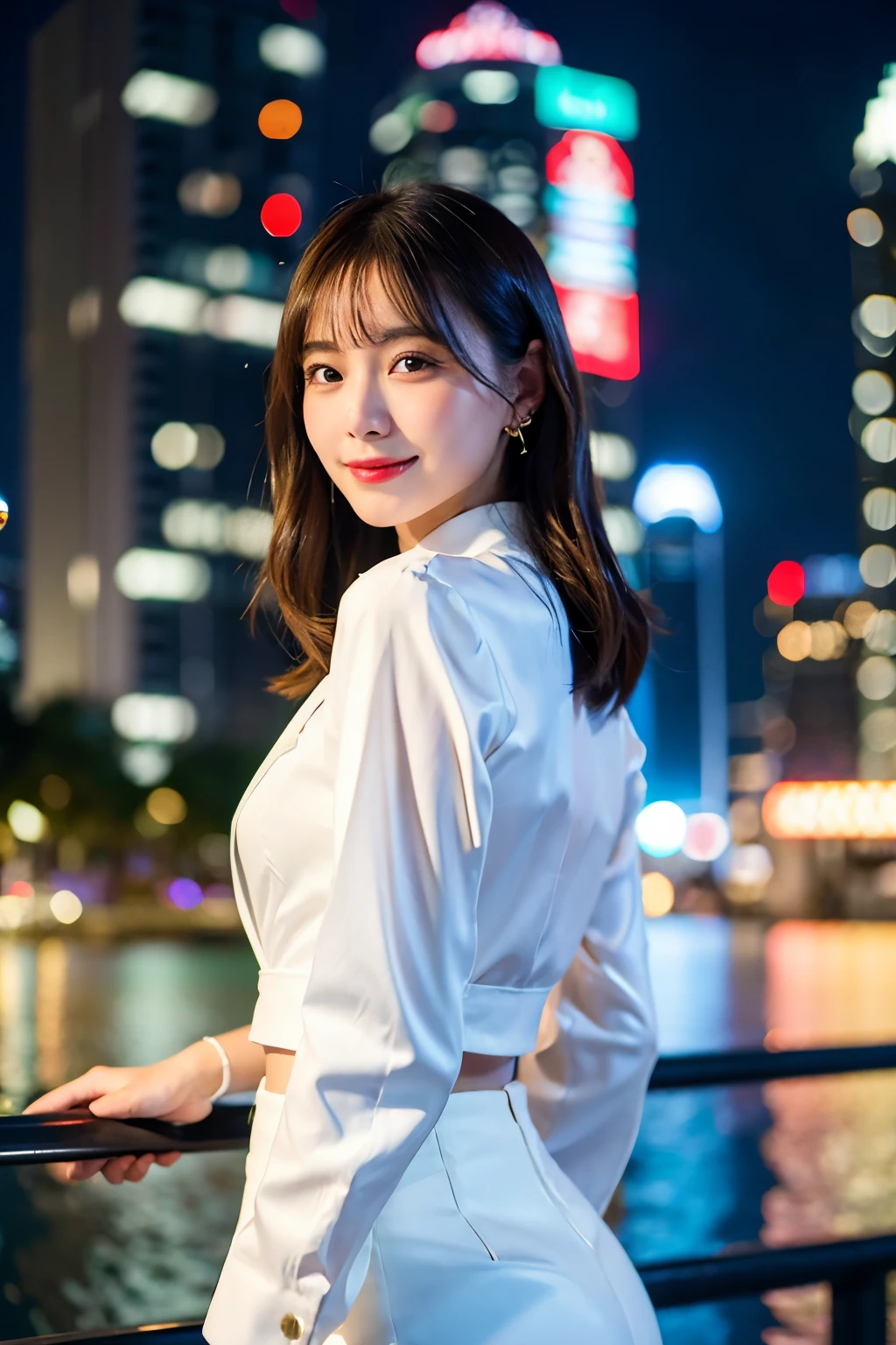raw photo),(best quality), (photorealistic),(simple white background:1.2), ,,a girl, upper body, high detail face, smile, High-waisted pants paired with a silk blouse and structured blazer, create a polished and powerful look, a scene of Victoria Harbour in Hong Kong at night,sparkling reflections dancing on the water,glittering skyscrapers along both sides of the harbor,twinkling lights dotting the city skyline,colorful laser beams shooting across the sky,(best quality,4k,8k,highres,masterpiece:1.2),ultra-detailed,realistic:1.37) soft shadows and highlights,impressive depth of field and sharp focus,HDR,UHD,studio lighting,physically-based rendering,vivid colors,lively atmosphere,bokeh information