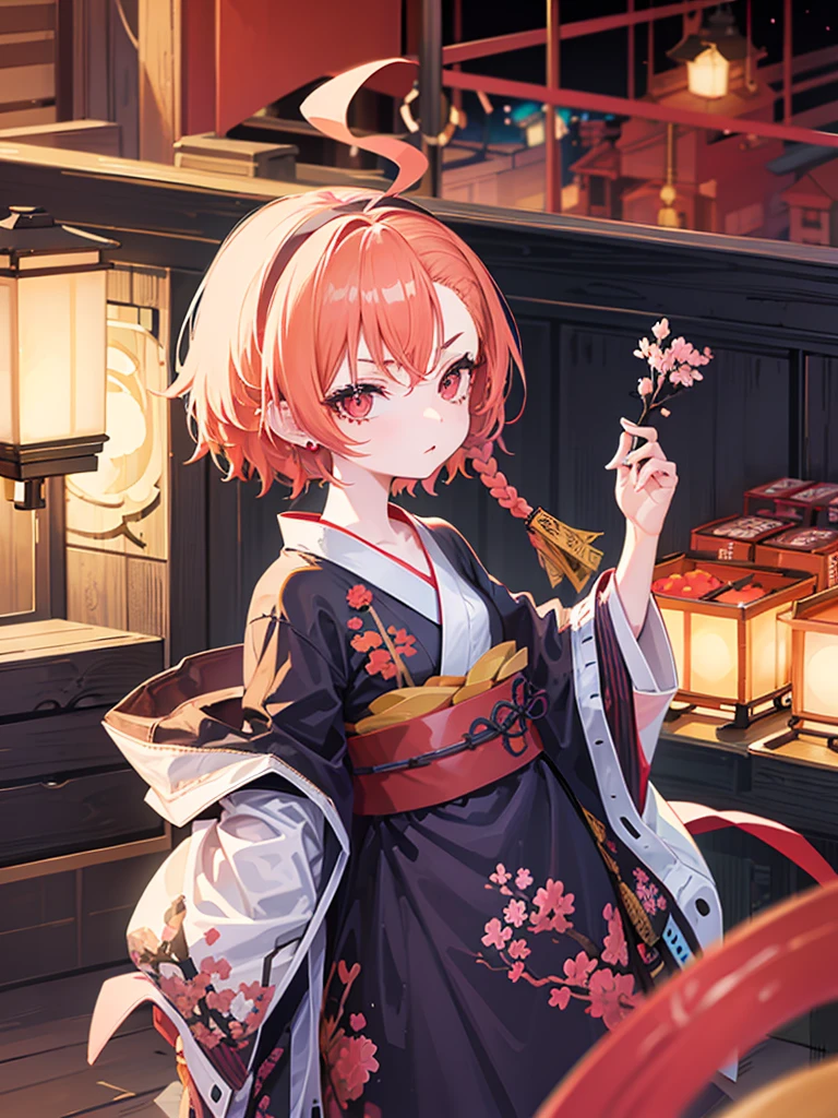 Girl watching fireworks、A Yankee-like kid、Wearing skajanole、red eyes、wearing a yukata、There is a yakisoba stand、Cherry Blossom、美しい景color、color々There is a Japanese food、ear piercing