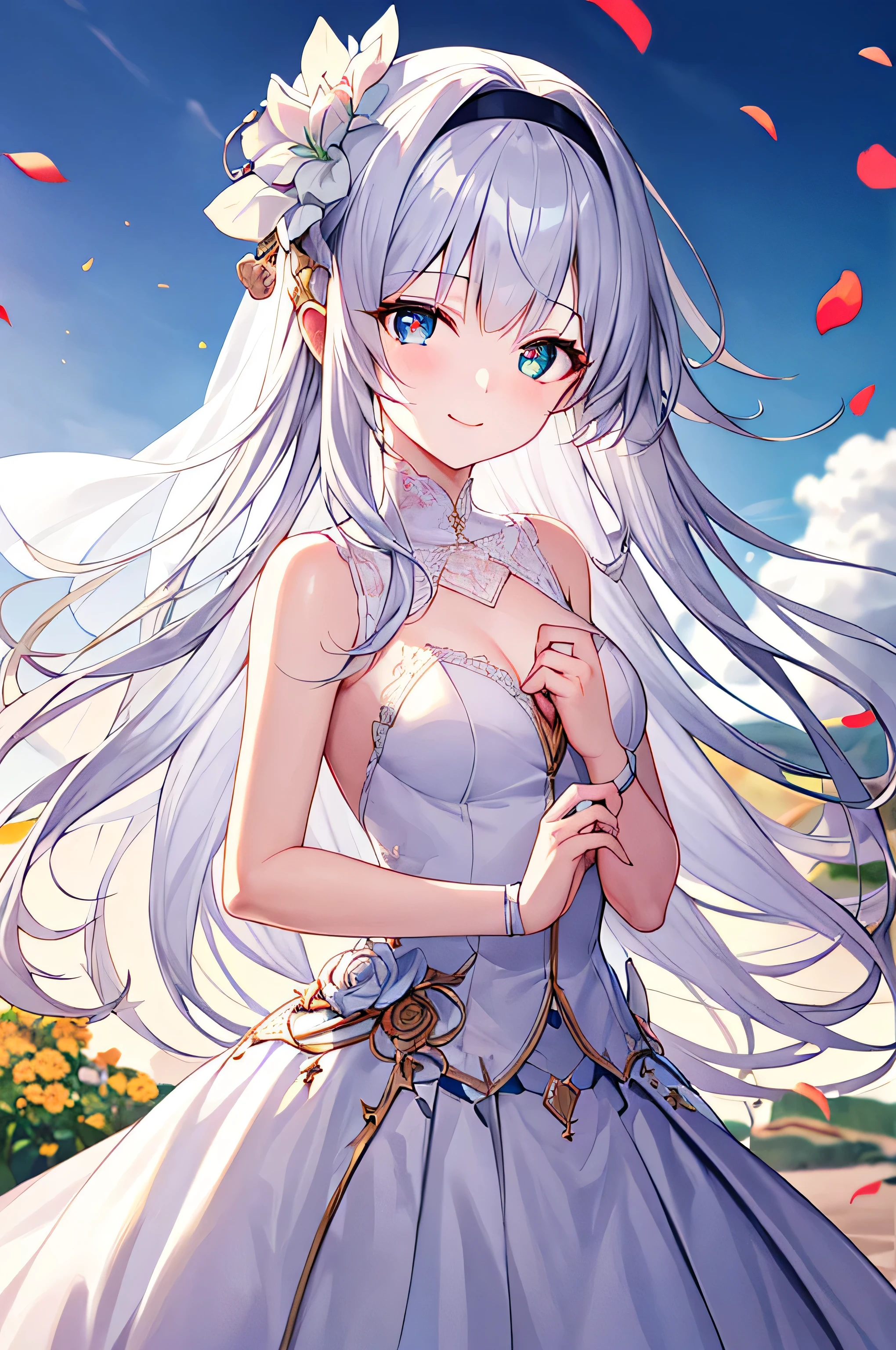 masterpiece, best quality, High resolution, unified 8k wallpaper,  white_hair,1 girl, headband, long hair, wedding dress, mini skirt, wedding_veil, , bouquet,  Sea of flowers, cowboy shooting, looking at the audience, grassland，fluttering petals，Smile，medium bust，(beautiful and delicate eyes:1.6), extremely detailed face, perfect lighting, Extremely detailed CG, (perfect hands, perfect anatomy),
