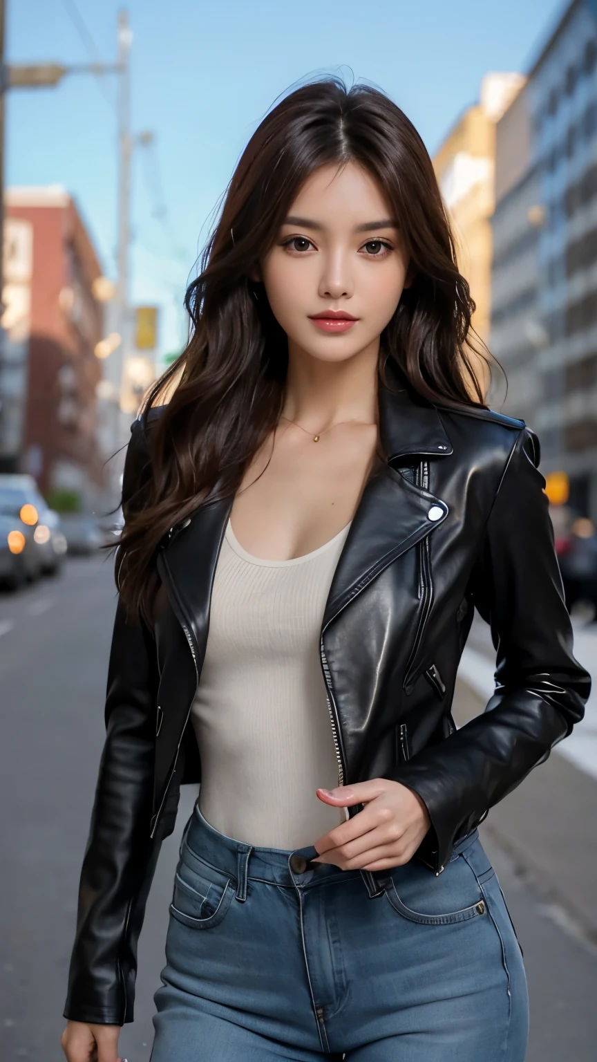 table top, highest quality, realistic, Super detailed, finely, High resolution, 8k wallpaper, 1 beautiful woman,, light brown messy hair, in a black leather jacket,Holding a sword in his hand,sharp focus, perfect dynamic composition, detailed and beautiful eyes, fine hair, Detailed and realistic skin texture, smile, model body shape,standing on the street,Background Fire Dragon