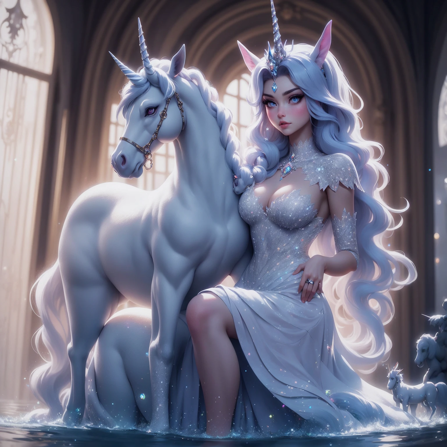 {-erro_de_anatomia:1.0} There is a white unicorn girl, blue mane and long mane, white unicorn, unicorn, unicorn horns, A unicorn, celestia, Nine stories, blue unicorn, soft dreamy, cinematic light《fangs》Unicorn in, mythological creatures, a mythical creature, Pokémon illustration, unicorns, a glaceon princess, white dress, opal eyes. Auroracore, ghostly iridescent, image good for rendering, sitting on the water. unicorn girl, full body, holding a crystal unicorn