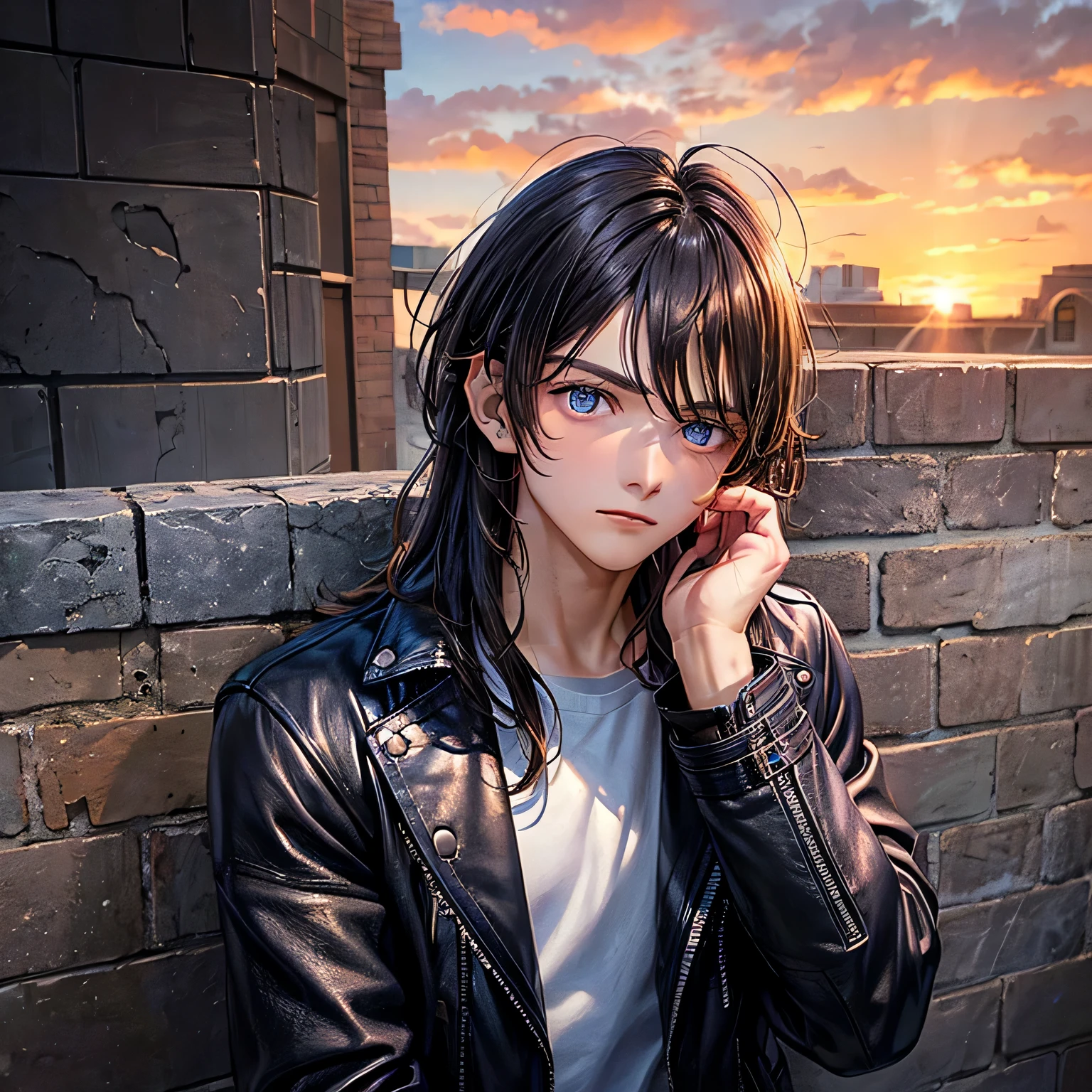 A portrait of a age boy with dark, windswept hair and piercing blue eyes. He's wearing a leather jacket and leans against a brick wall, his arms crossed. The background is a vibrant sunset with streaks of orange and purple.