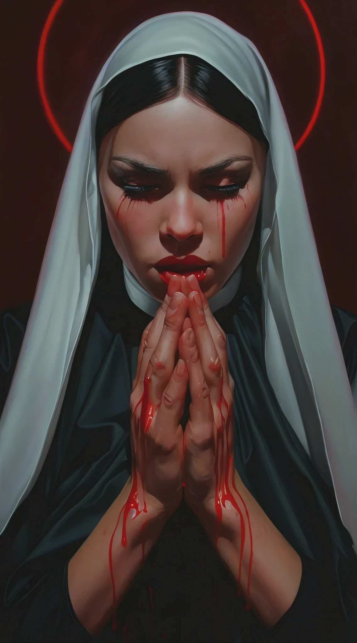 painting of a nun on her knees in dark black, in the style of richard phillips, jason edmiston, phil noto, intense emotional expression, close up, i can't believe how beautiful this is, grimcore