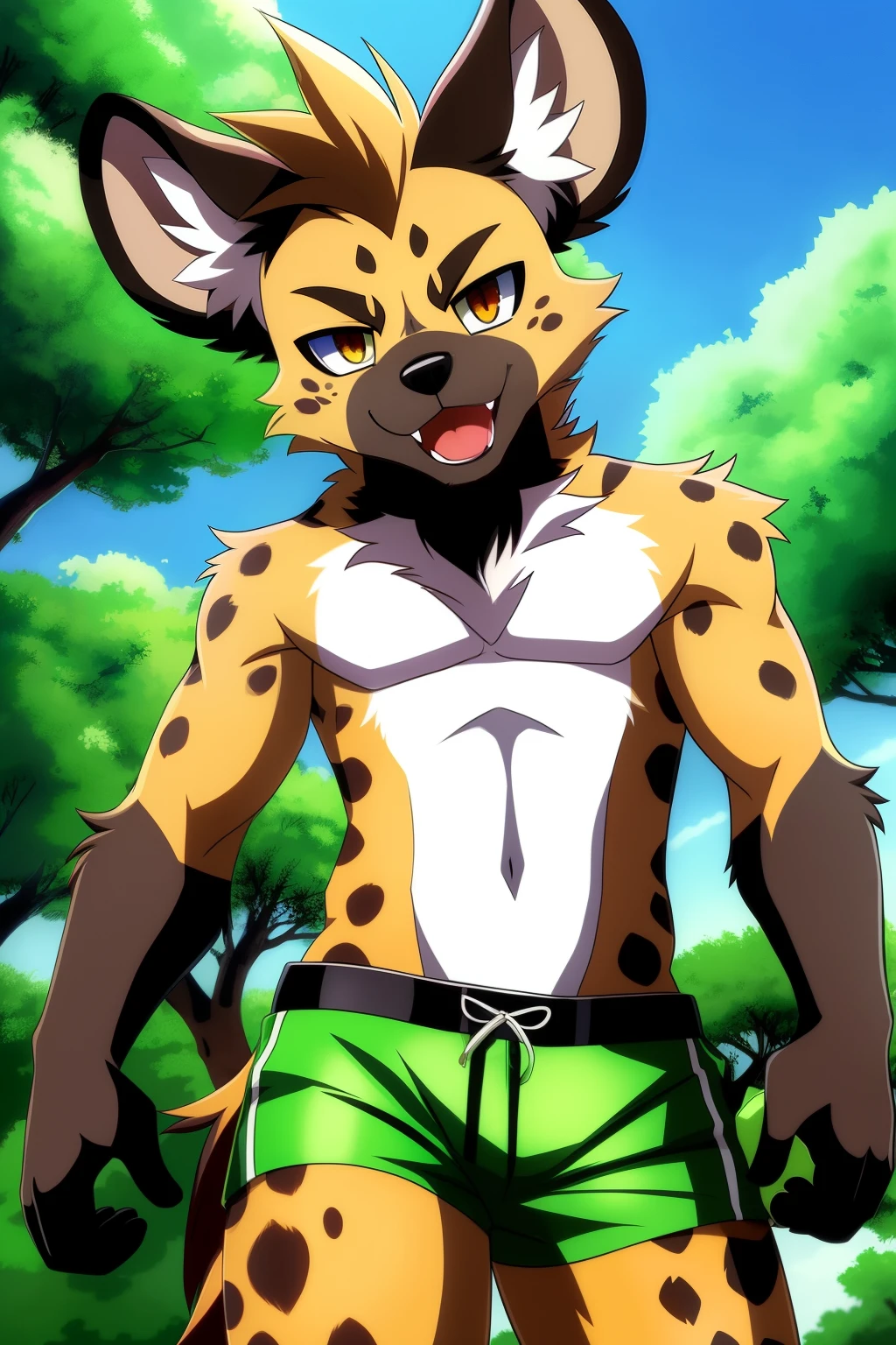In the captivating world of anime, a mesmerizing anthro spotted hyena comes into view. Dressed in vibrant green camouflage shorts that seamlessly blend with the lush foliage, this character exudes an irresistible allure. The intricate details of the hyena's fur and the subtle shading of the camouflage shorts create an ultra-detailed masterpiece.
With a full body showcased, this anthro hyena's sleek hips and muscular build emphasize its natural agility and power. Anime-style exaggerated expressions give life to its animated eyes, filled with a playful curiosity that engages the viewer. The