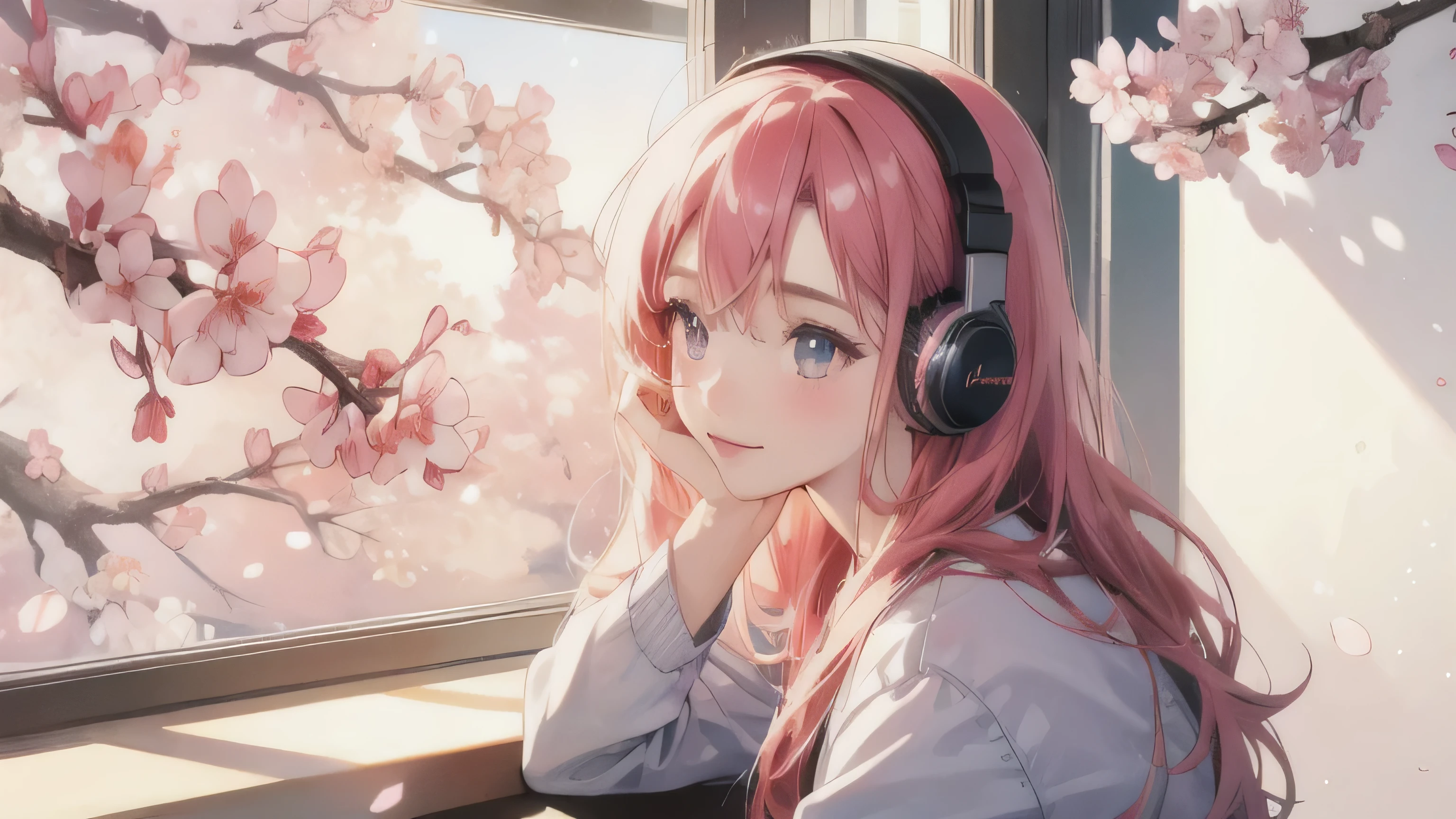 Beautiful girl studying in her room while listening to headphones、warm lighting、Cherry blossoms are blooming outside the room、Japanese anime style