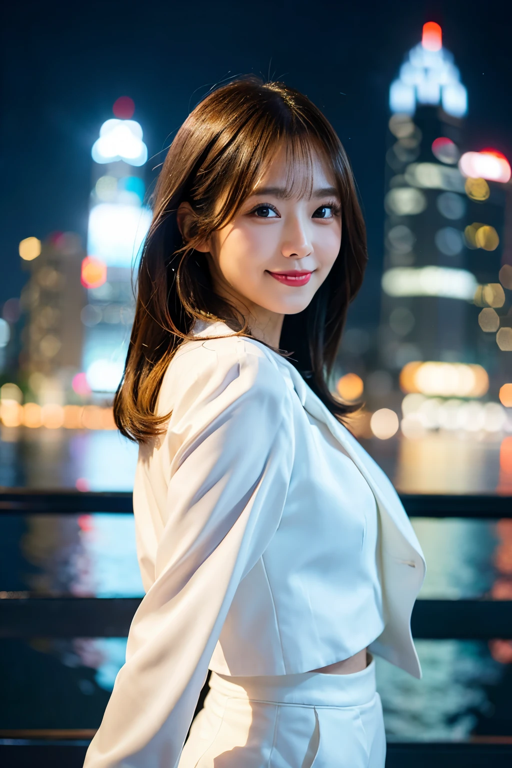 raw photo),(best quality), (photorealistic),(simple white background:1.2), ,,a girl, upper body, high detail face, smile, High-waisted pants paired with a silk blouse and structured blazer, create a polished and powerful look, a scene of Victoria Harbour in Hong Kong at night,sparkling reflections dancing on the water,glittering skyscrapers along both sides of the harbor,twinkling lights dotting the city skyline,colorful laser beams shooting across the sky,(best quality,4k,8k,highres,masterpiece:1.2),ultra-detailed,realistic:1.37) soft shadows and highlights,impressive depth of field and sharp focus,HDR,UHD,studio lighting,physically-based rendering,vivid colors,lively atmosphere,bokeh information
