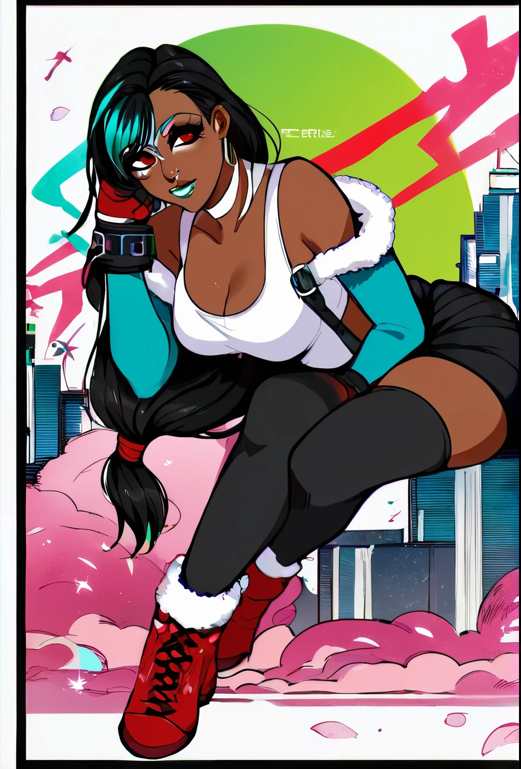 Score_9, score_8_up, score_7_up, score_6_up, ganguro, source_anime, 1girl, solo, white background, abstract rectangular background, upper body, looking at viewer, BREAK, cyan highlights, hoop earrings, BREAK, cyan lips, dark skin, makeup, eyeshadow, cyan dress, cyan ribbed sweater, fur trim, bare shoulders, off shoulder, white choker, hairclip, (cleavage, laced white bra, long braid), tifa lockhart, final fantasy vii remake, 1girl, ankle boots, black hair, black skirt, black thighhighs, boots, breasts, cityscape, crop top, elbow gloves, elbow pads, fingerless gloves, full body, gloves, head rest, lips, long hair, looking at viewer, low-tied long hair, medium breasts, nose, red eyes, red footwear, signature, single elbow pad, sitting, skirt, solo, sports bra, suspender skirt, suspenders, tank top, thighhighs, white tank top, midgar, green light, night,