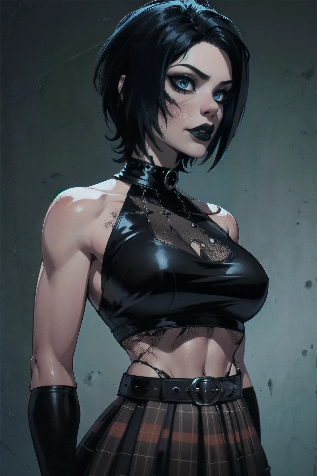 a woman with short black hair, hair on shoulders, wearing a black cropped and plaid skirt, blue eyes, zombie art, gothic art, cute aesthetic with vibe, toon aesthetic, wearing red costume, wearing gothic accessories, look like Cassie Hack, upper body, zombie background