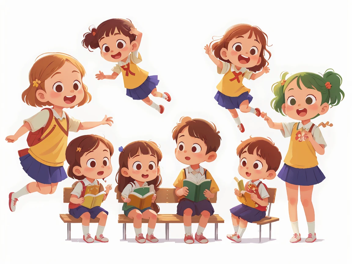illustration, masterpiece, best quality, School teacher with several students (girls and boys)
sitting side by side, Sitting side by side on the bench,
Behind them some students are standing and waving,They wave at us, in , from opposite, Happy, full body, in the style of childreb book charecter, charecter sheet, white background, adjective + object, character sheet, children book character, white background, white background, looking at viewer,