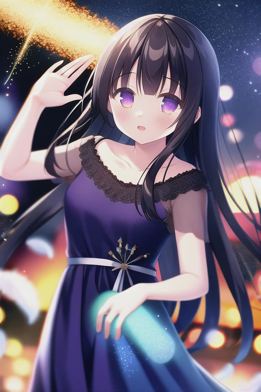 disorganized, high quality, game CG, 1 girl, Houraisan Kaguya, Evening Gowns, frillsドレス, frills, outdoor, night sky, Falling feathers, Upper body, particles of light, Bokeh, chromatic aberration,