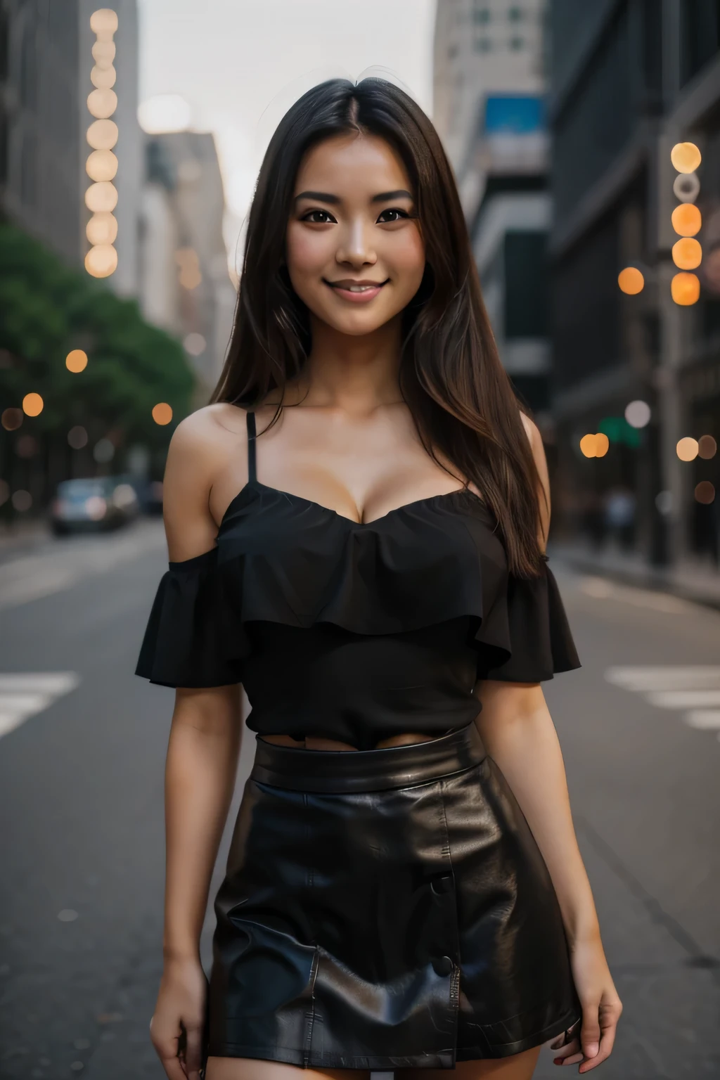 photography of a stunning girl, in the city, wearing a black skirt, enjoying, girl, summer, hot girl, (((medium bust))), brunette hair, long_hair, looks into the camera, symmetrical face, photorealistic, photography, spectacular lighting,, gorgeous, cleavage, western, (masterpice), best quality, high resolution, extremely detailed, skin with pores, blurred background, depth of field, cinematic lighting, ASIAN, SMILE
