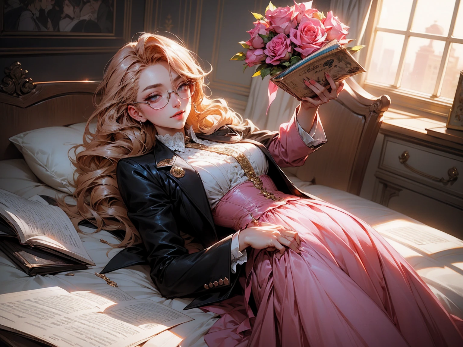 Anime girl tuxedo with curly rose gold hair and round gold glasses, rose gold eyes. Guviz style art, attractive detailed art style, Charlie Bowater Style, 1 7 - year - old cute anime girl, detailed manga style, detailed anime character art, germ of art. High detail, stunning manga art style. Rose dress. (pink dress) . Wearing rose gold Victorian clothing. Dancing, walking, drinking, reading, writing, lying, standing, on your back, dynamic poses, smile, closed mouth. Different Pose.