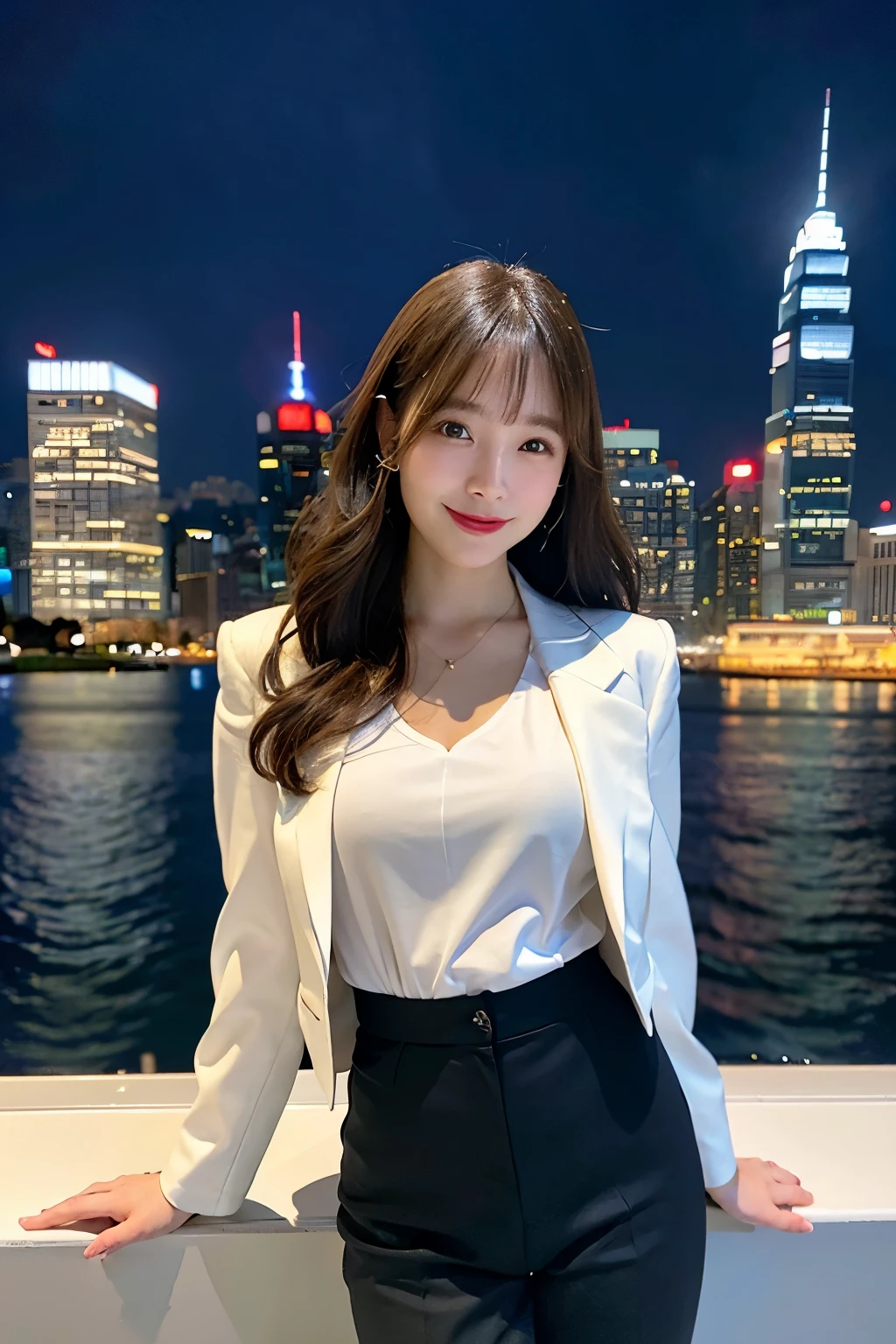 raw photo),(best quality), (photorealistic),(simple white background:1.2), ,,a girl, upper body, high detail face, smile, High-waisted pants paired with a silk blouse and structured blazer, create a polished and powerful look, a scene of Victoria Harbour in Hong Kong at night,sparkling reflections dancing on the water,glittering skyscrapers along both sides of the harbor,twinkling lights dotting the city skyline,colorful laser beams shooting across the sky,(best quality,4k,8k,highres,masterpiece:1.2),ultra-detailed,realistic:1.37) soft shadows and highlights,impressive depth of field and sharp focus,HDR,UHD,studio lighting,physically-based rendering,vivid colors,lively atmosphere,bokeh information
