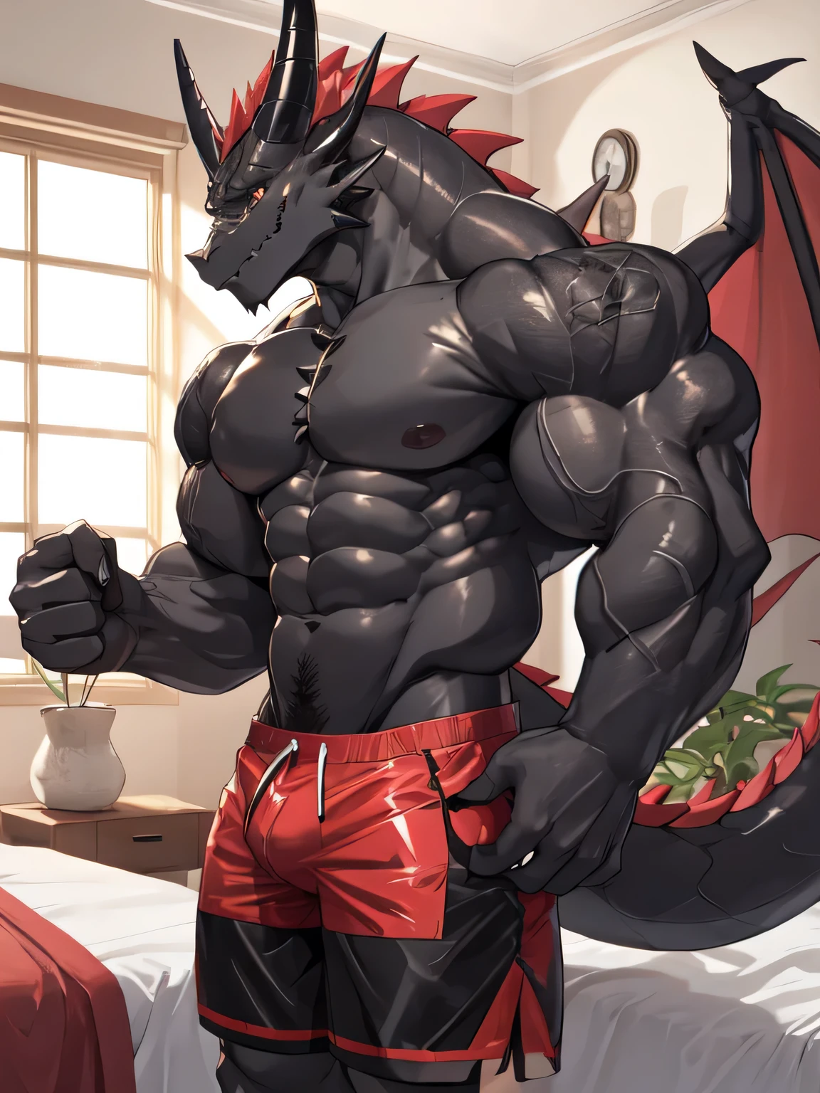 masterpiece, Anthropomorphic Black Dragon, ,There is a pair of beautiful dragon horns., Black Dragon Scales,1 tail, very muscular body, nice, Shorts only　full body rubber suit　8 packs of firm abs　Amazing arm muscles　good looking　whole　face down on the bed　　Pants down　I can see my crotch　　Erotic　　Muscular arms　I can put strength in my arms