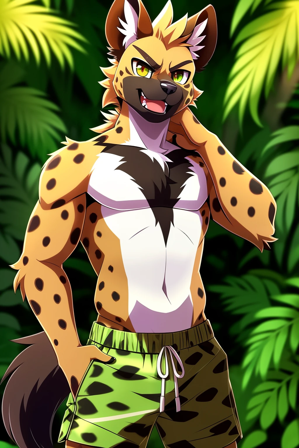 In the captivating world of anime, a mesmerizing anthro spotted hyena comes into view. Dressed in vibrant green camouflage shorts that seamlessly blend with the lush foliage, this character exudes an irresistible allure. The intricate details of the hyena's fur and the subtle shading of the camouflage shorts create an ultra-detailed masterpiece.
With a full body showcased, this anthro hyena's sleek hips and muscular build emphasize its natural agility and power. Anime-style exaggerated expressions give life to its animated eyes, filled with a playful curiosity that engages the viewer. The
