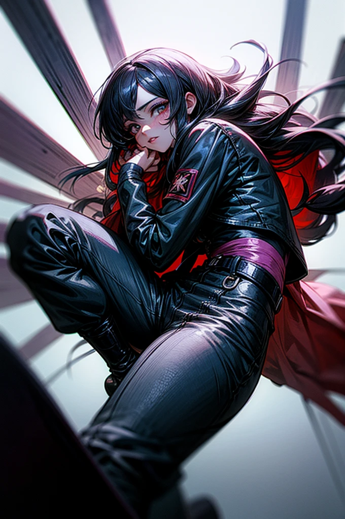 Estilo Anime. Una hermosa mujer madura con una cara seria e imponente. Con el pelo blanco largo con toques de gris oscuro con varios mechones largos que pasan por la frente y los hombros, with eyes with black sclera and iris and bright blue pupil, con una piel totalmente blanca. Desde un cuerpo excesivamente entrenado, que tiene un alto nivel de musculatura sin perder su belleza femenina, con pechos exageradamente grandes y un trasero muy grande y firme, cintura afilada y marcada, His lips are pale pink and he also has multiple cut scars., una en su ojo izquierdo desde la frente hasta la barbilla, otra cicatriz en la parte superior de sus pechos hasta ambos hombros, another on his abdomen to his crotch and a last one on his leg up to his knee. But he has 2 more scars, but you have bites on your biceps. Lleva una gabardina de cuero negro con algunos accesorios de metal, debajo de la gabardina lleva una camisa de manga corta con botones de tela negra, con los bordes de las mangas de color rojo oscuro, It also has wide leg leather pants with a loose black metal zipper, I would have black military boots with metal parts, He also has a very dark red cloth belt tied around his waist and a necklace that has a black metal heart.. En el fondo siendo un bosque nevado