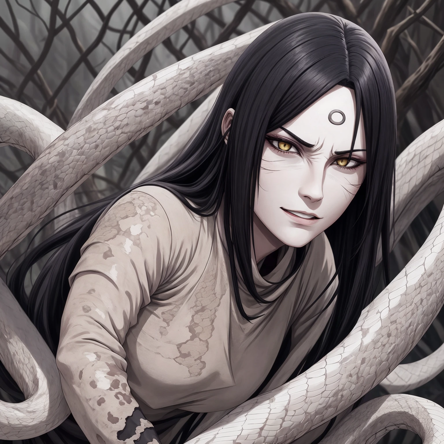 {-erro_de_anatomia:1.0} estilo anime, Masterpiece, absurdities, Orochimaru\(Naruto\), 1girl Solo, Mature woman, Oversized shirt with broad shoulders, Perfect composition, Detailed lips, large breasts, Beautiful face, body proportion, Blush, Long black hair, ( black hair), yellow eyes, Soft gauze, Super realistic, Detailed, photo shoot, Realistic faces and bodies, masterpiece, best quality, best ( white snake) illustration, hyper detailed, 1 girl, solo, glamorous, blushing, whole body,