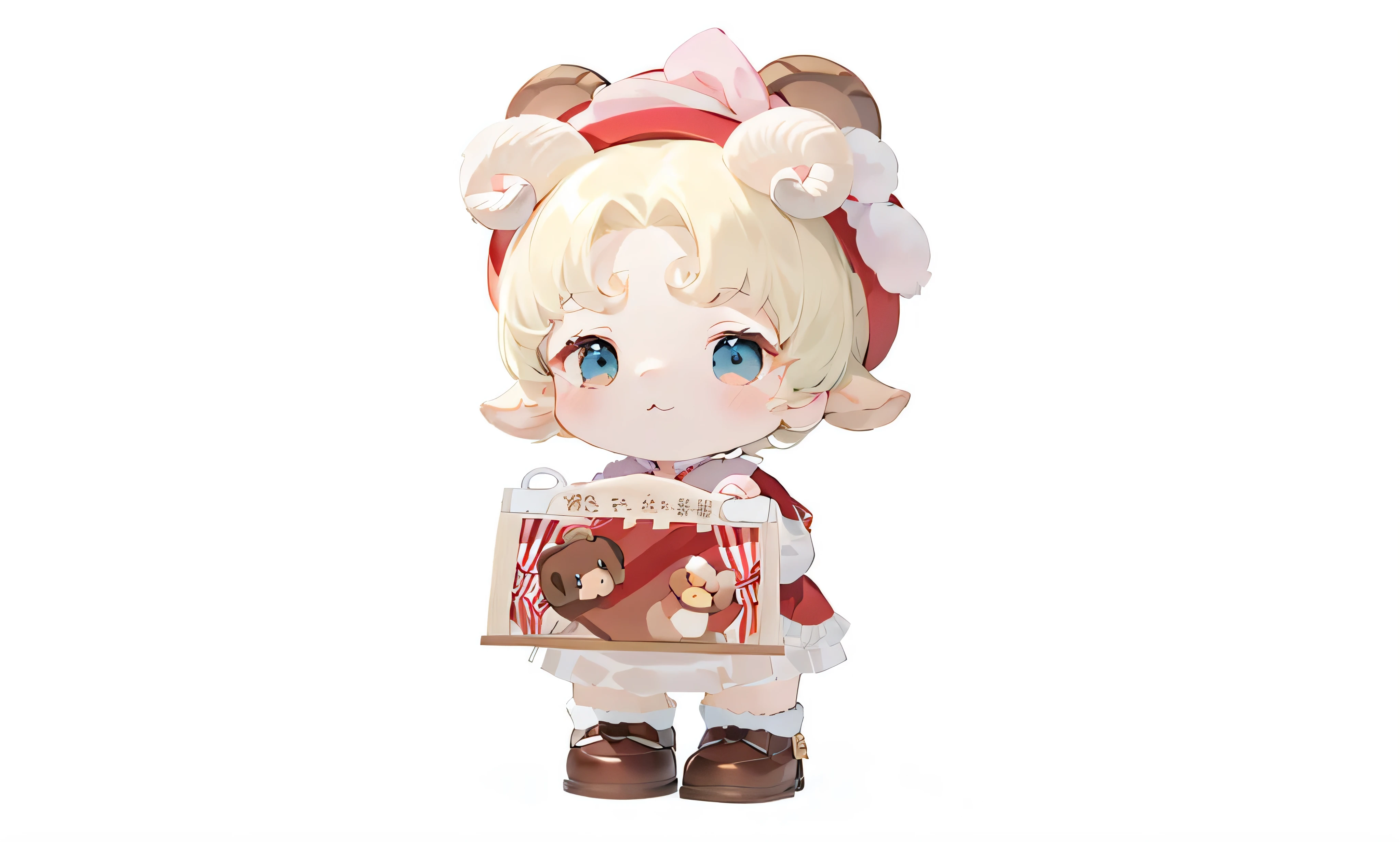Sheep's horn ,lolita cute character, ,,La Rafael, Sheep's horn little loli girl, 2d,two-dimensional,,celluloid,HD,8K,,,Correct structure ,Q version is very cute,Bear Hat,dress,red skirt,white socks,Brown leather shoes