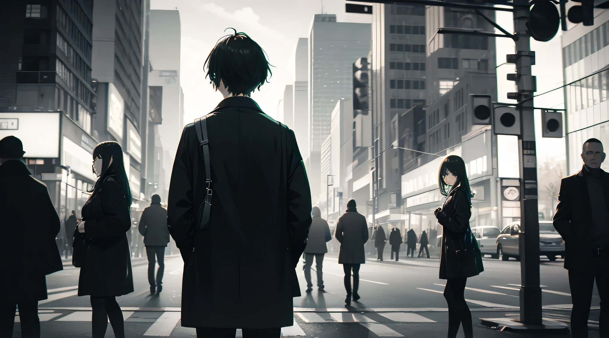 Faded tones, monochrome, A man turns around to look at a woman who passed him, intersection, detailed face, full body shot, monochrome, black, green, big blurry background, city at dawn